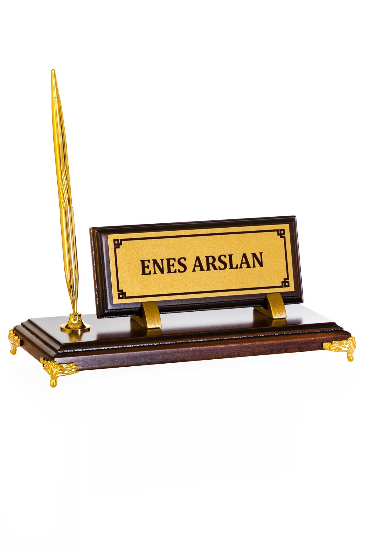 Altın Ayaklı Ahşap Masa İsimliği Tek Kalem Masa İsimlik