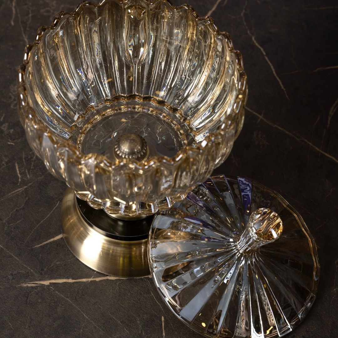 Kristal Cam Şekerlik | 25 cm Kapaklı | Altın Detaylı