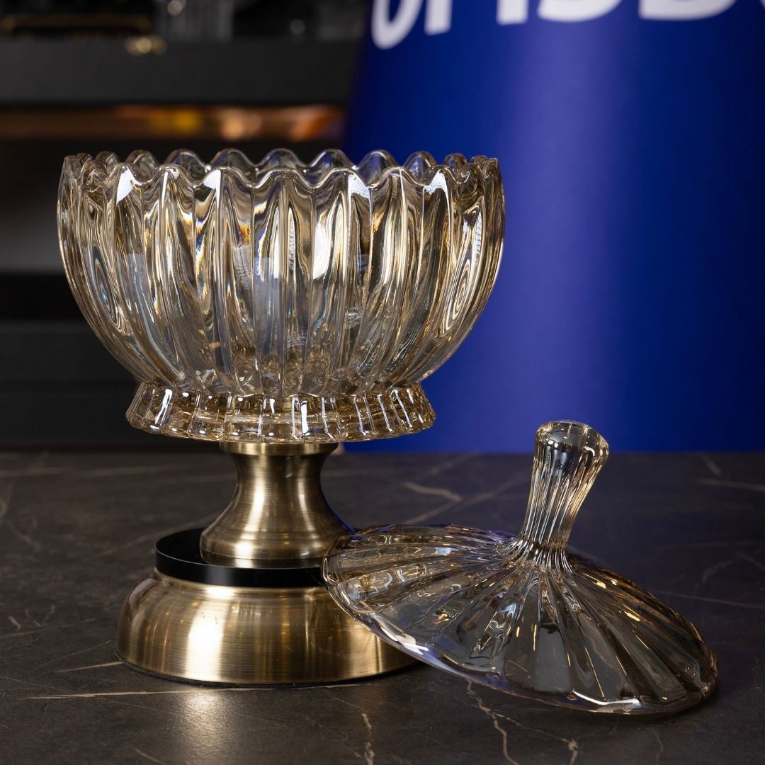 Kristal Cam Şekerlik | 25 cm Kapaklı | Altın Detaylı