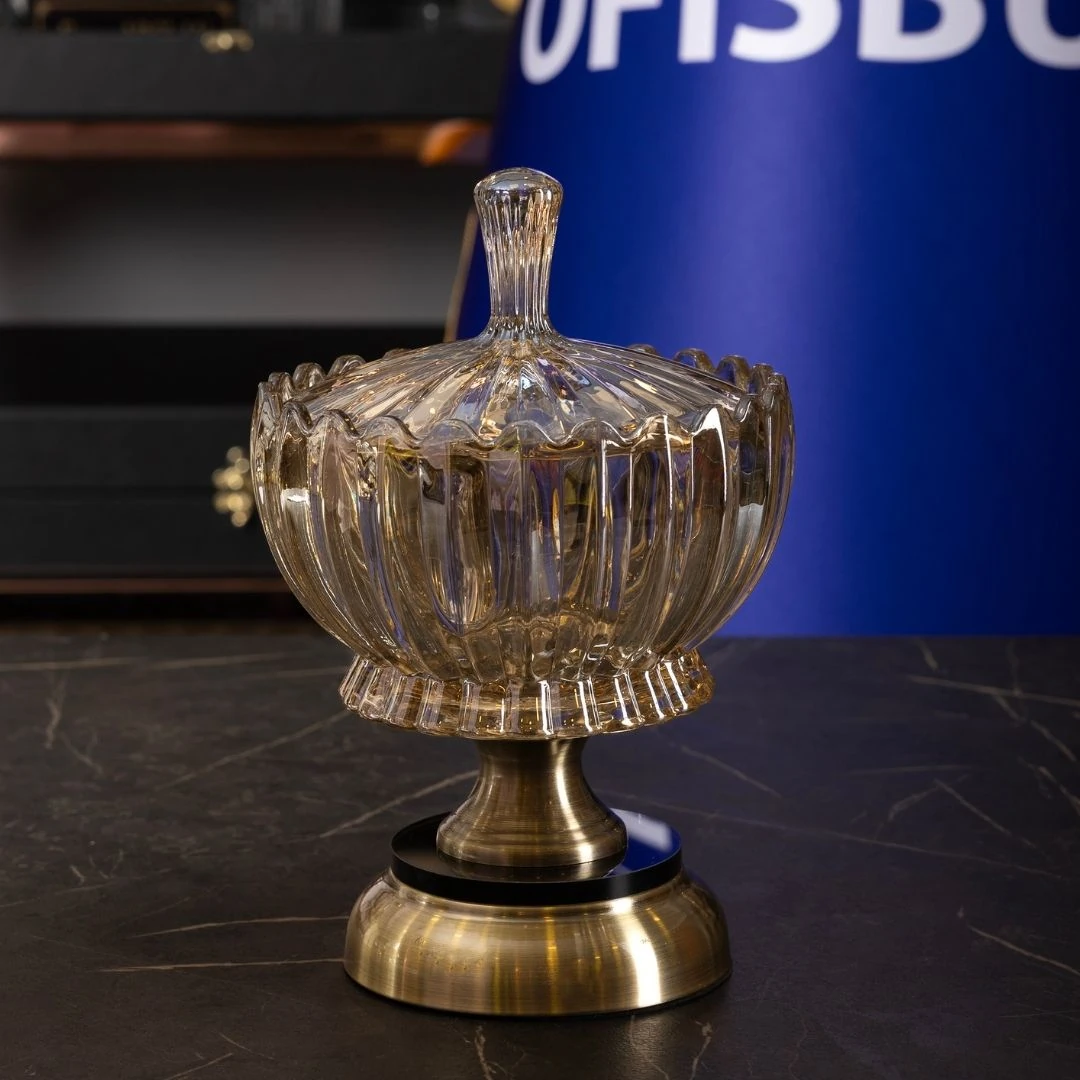 Kristal Cam Şekerlik | 25 cm Kapaklı | Altın Detaylı