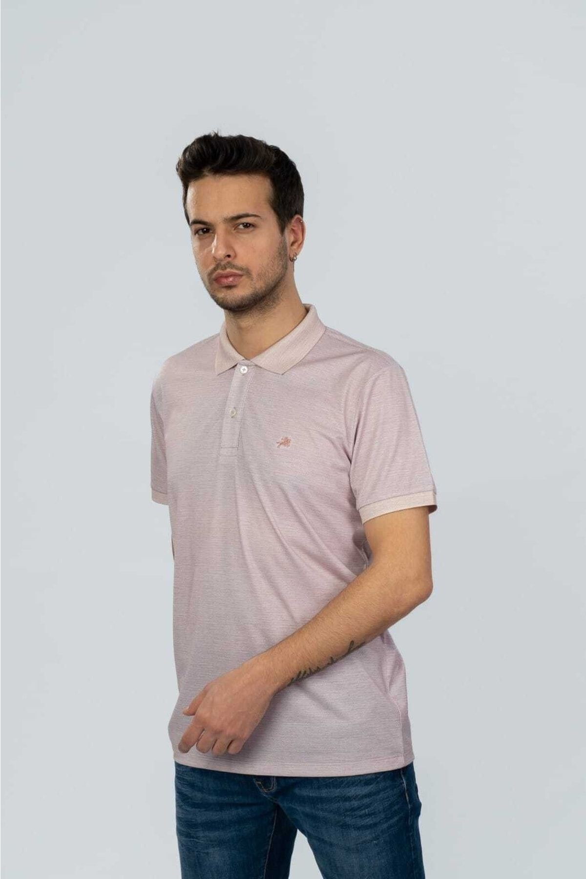 Açık Pembe Renk Polo Yaka Dijital Baskılı T-shirt