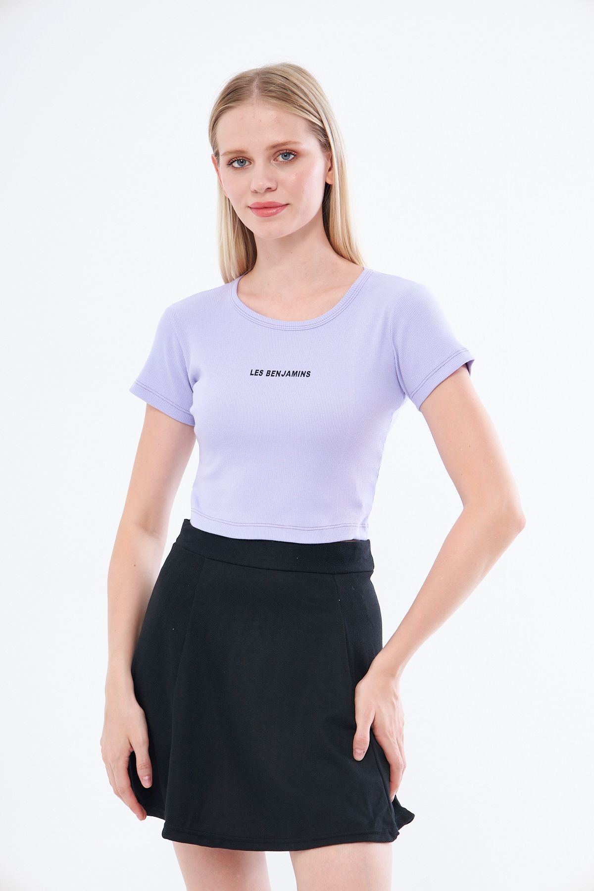 Kadın Lila Renk Les Benjemans Baskılı Yarım Crop