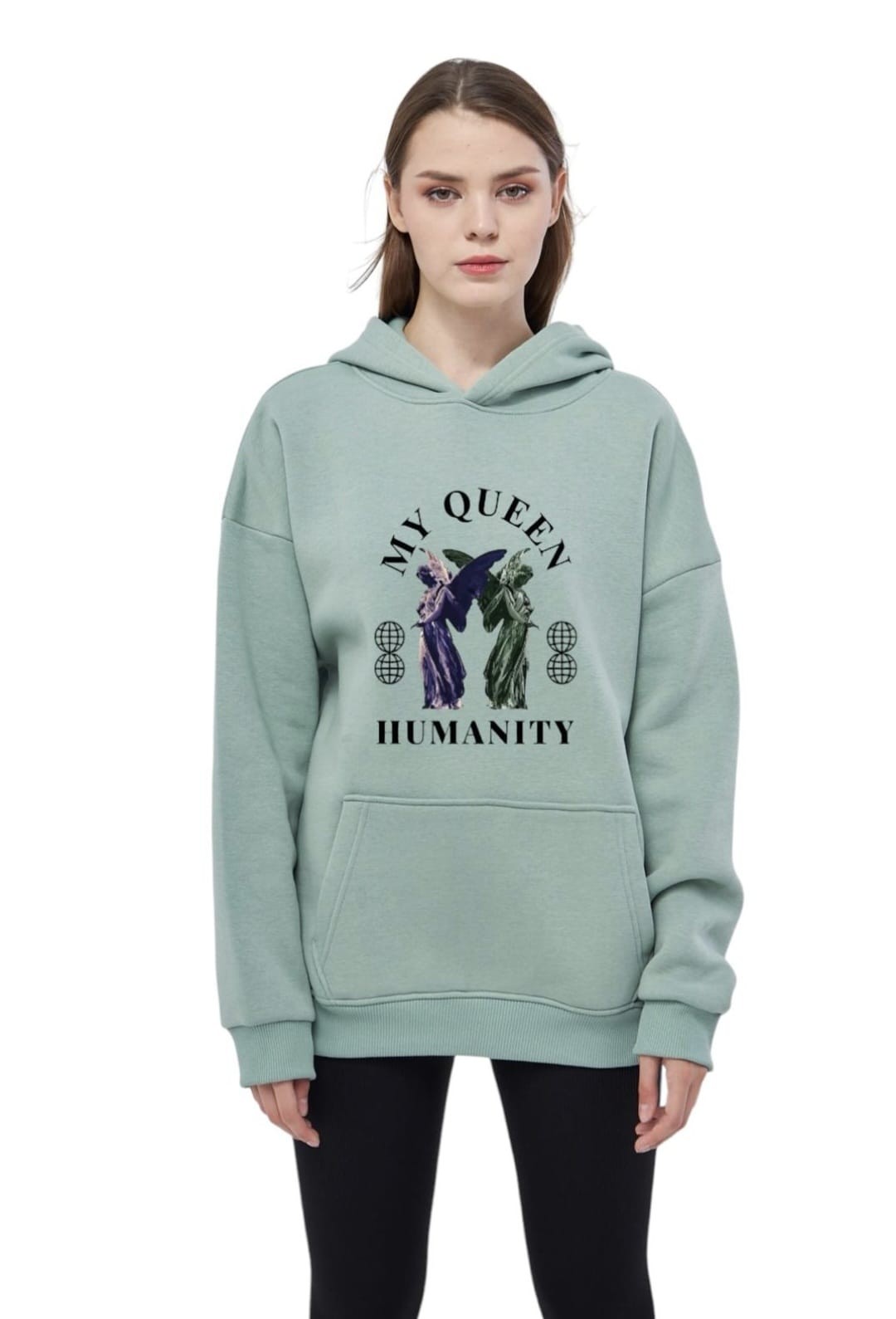 Unisex Basic Sweatshirt Kapşonlu Hoodie My Queen Humanıty Baskılı  %100 Pamuklu