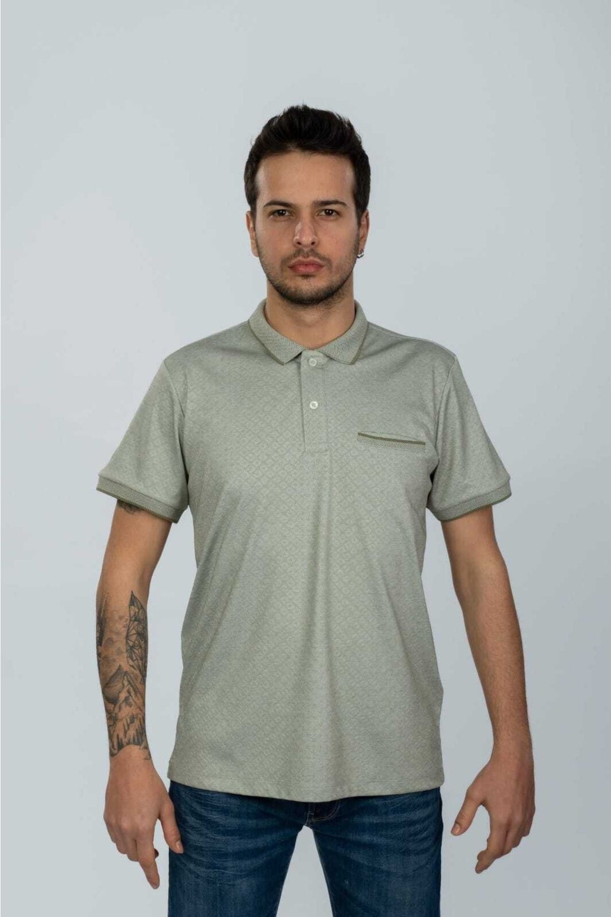 Çağla Yeşil Cepli Polo Yaka Desenli T-shirt