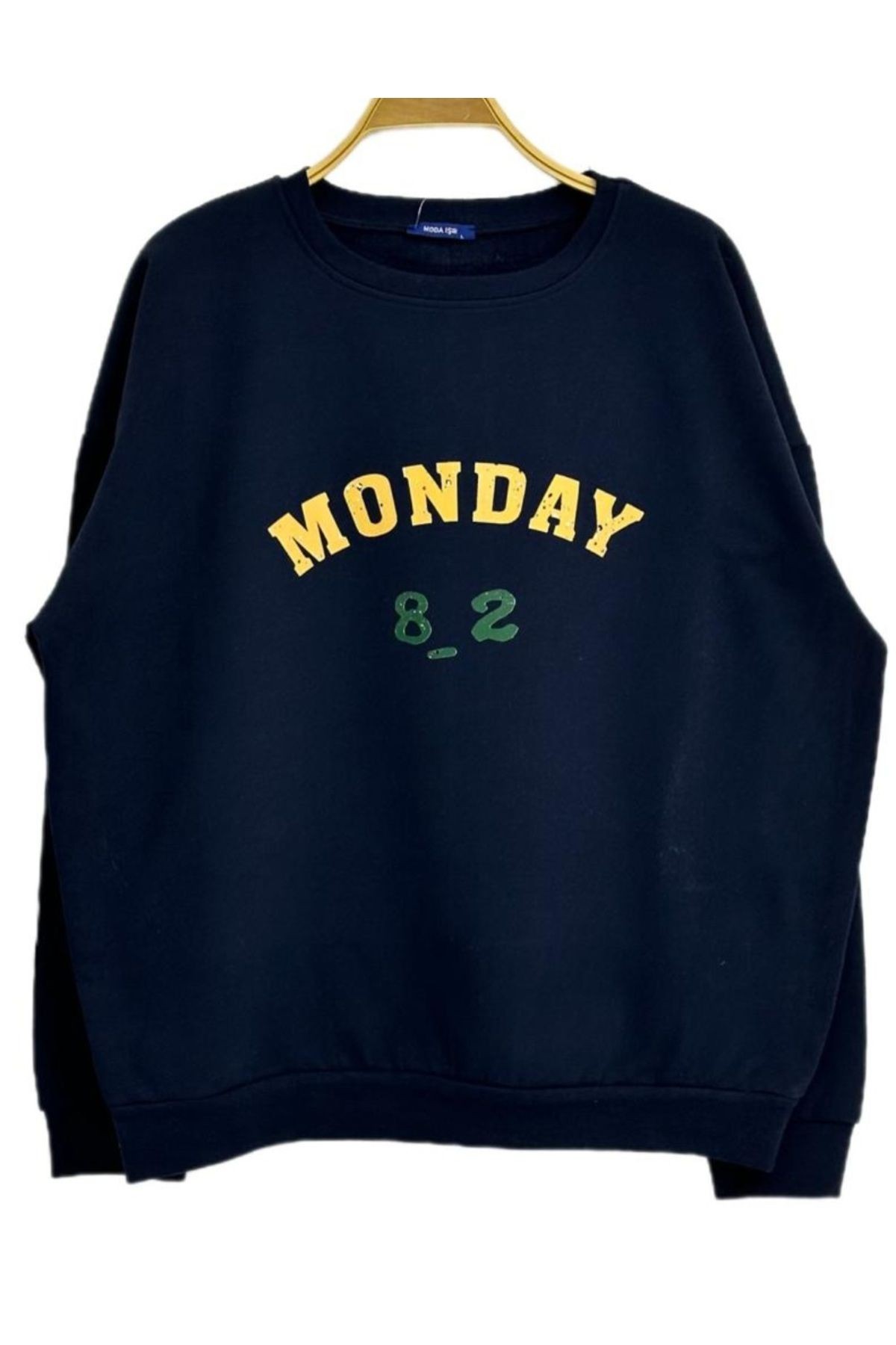 Sweatshirt Lacivert Renk Bisiklet Yaka Monday Baskılı Unısex