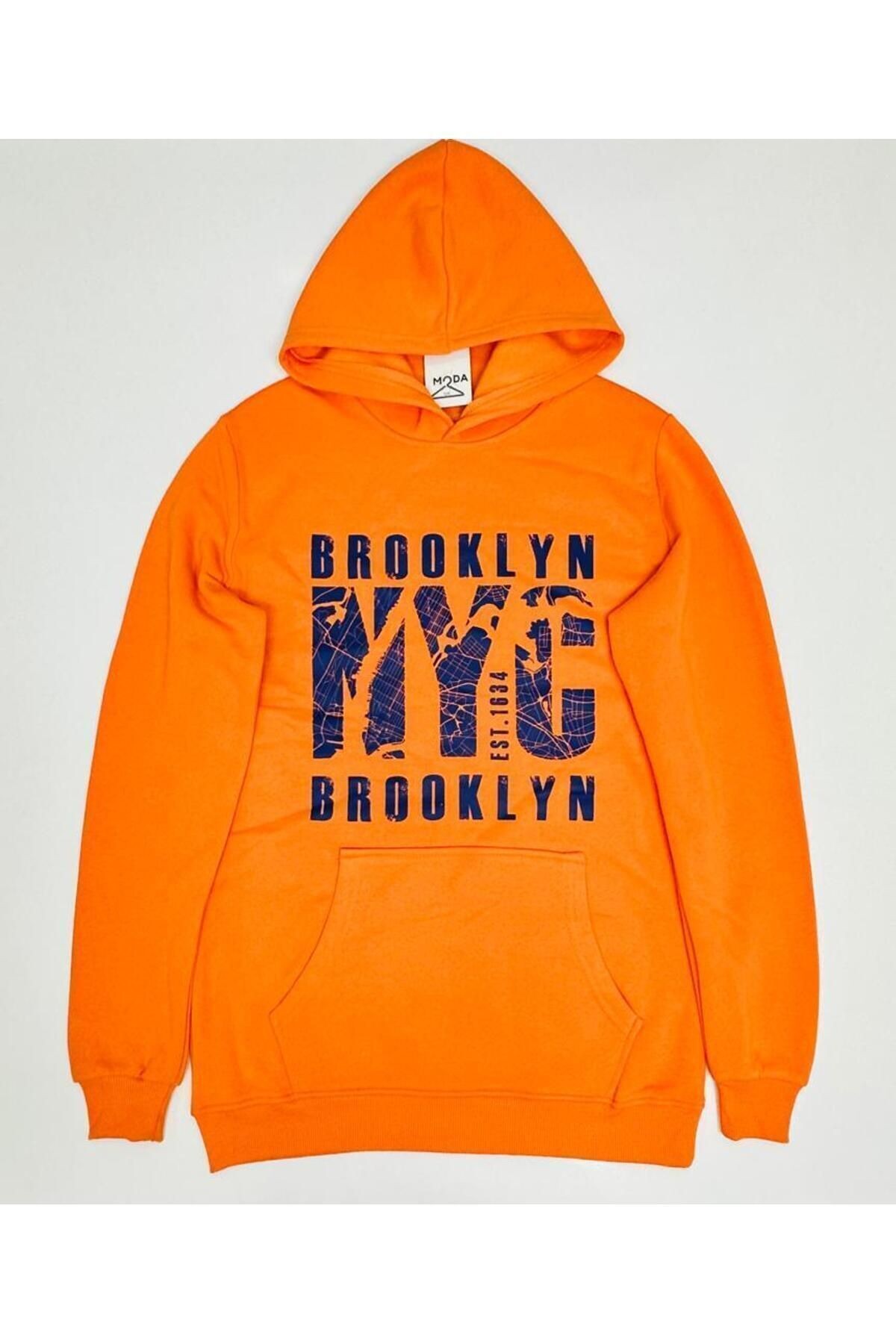 Sweatshirt 3iplik Şardonlu Brooklyn Ncy Baskılı Turuncu Renk Kapüşonlu Kanguru Cepli Unısex