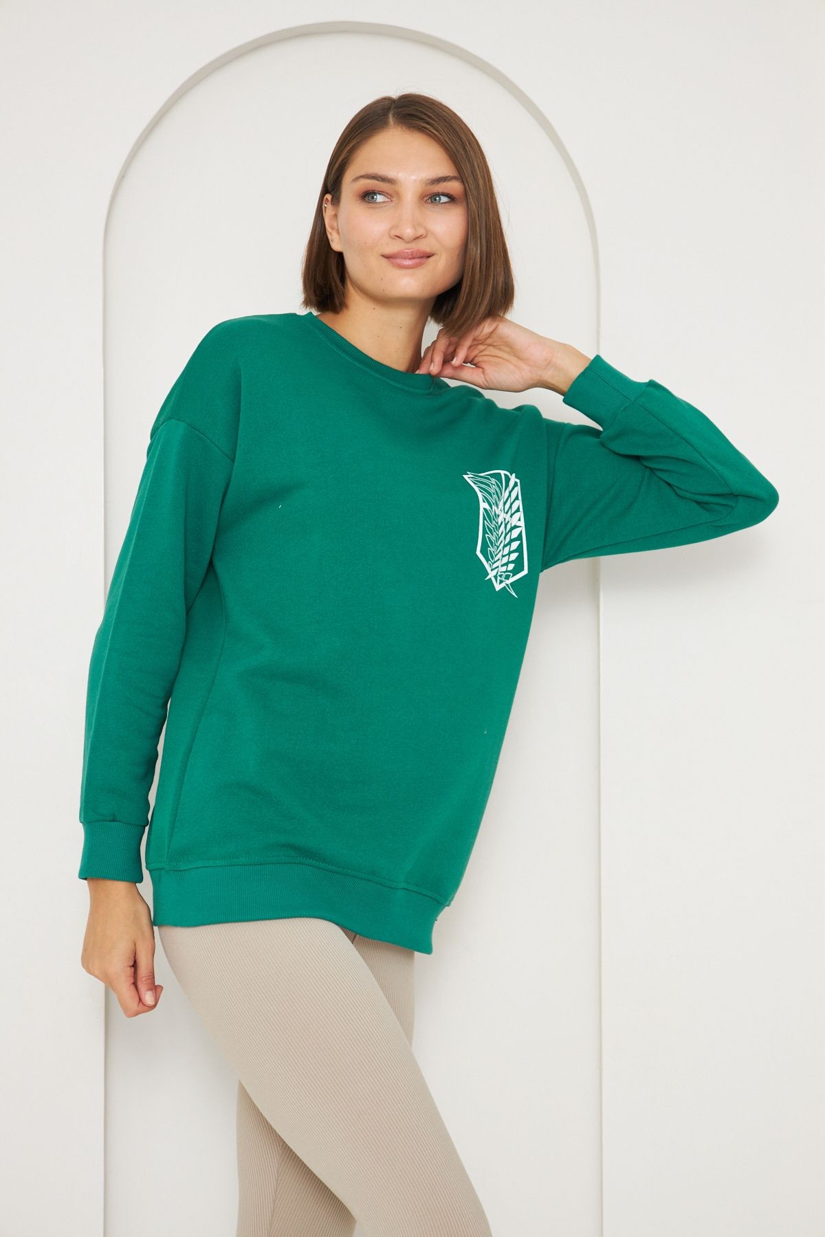 Sweatshirt Yeşil Renk Yaprak Baskılı 3iplik Şardonsuz Bisiklet Yaka Oversize