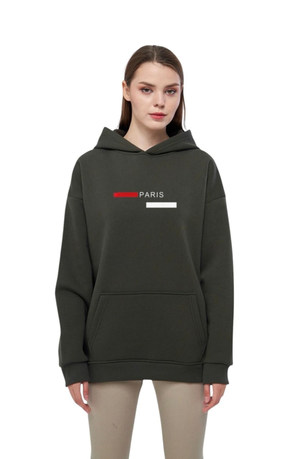 Unisex Basic Sweatshirt Kapşonlu Hoodie Paris Baskılı  %100 Pamuklu - HAKİ