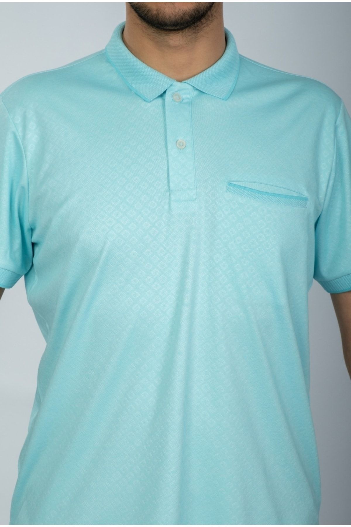 Mint Yeşil Cepli Polo Yaka Desenli T-shirt