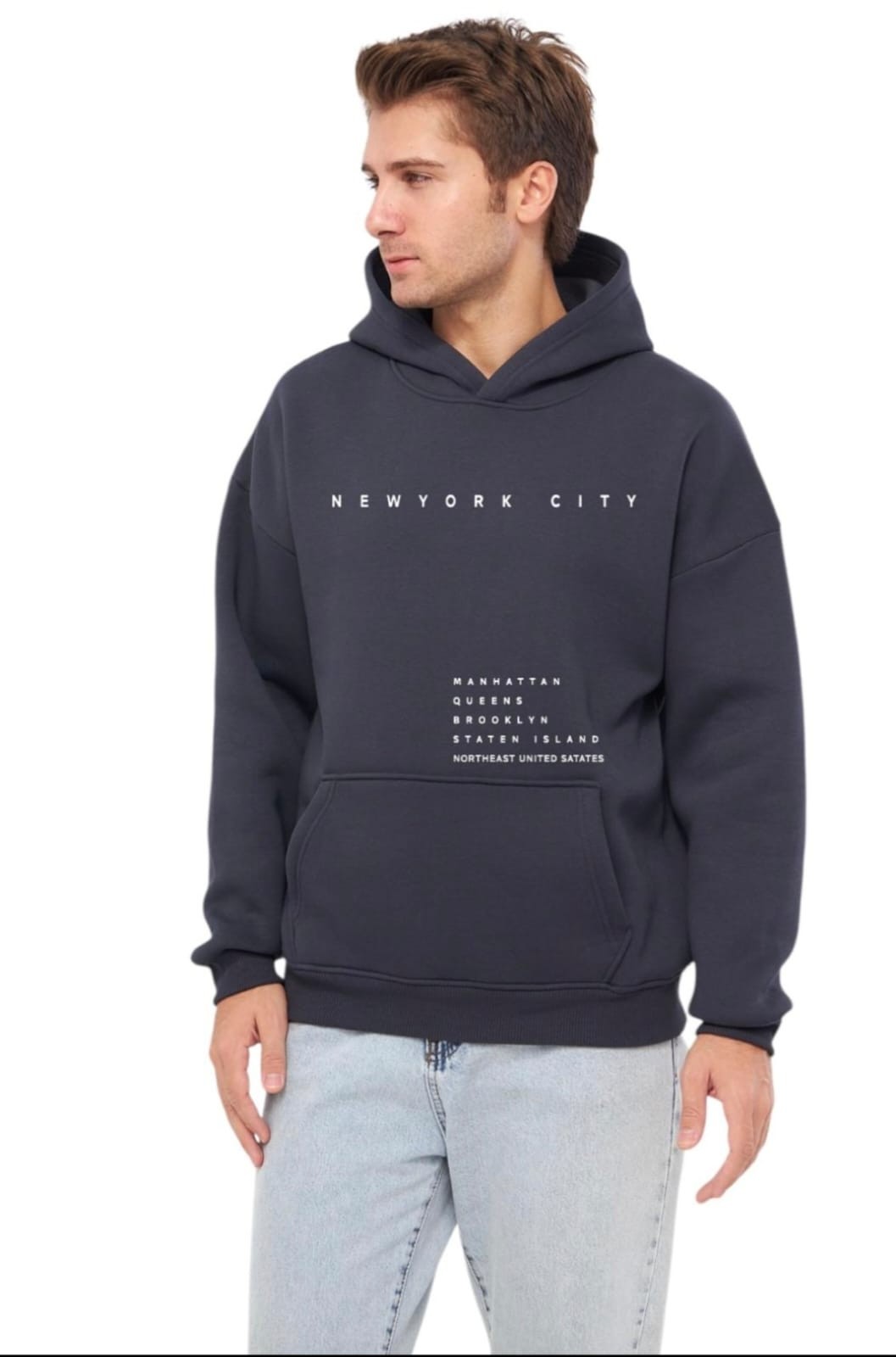 Unisex Basic Sweatshirt Kapşonlu Hoodie Newyork Cıty Baskılı  %100 Pamuklu - FÜME