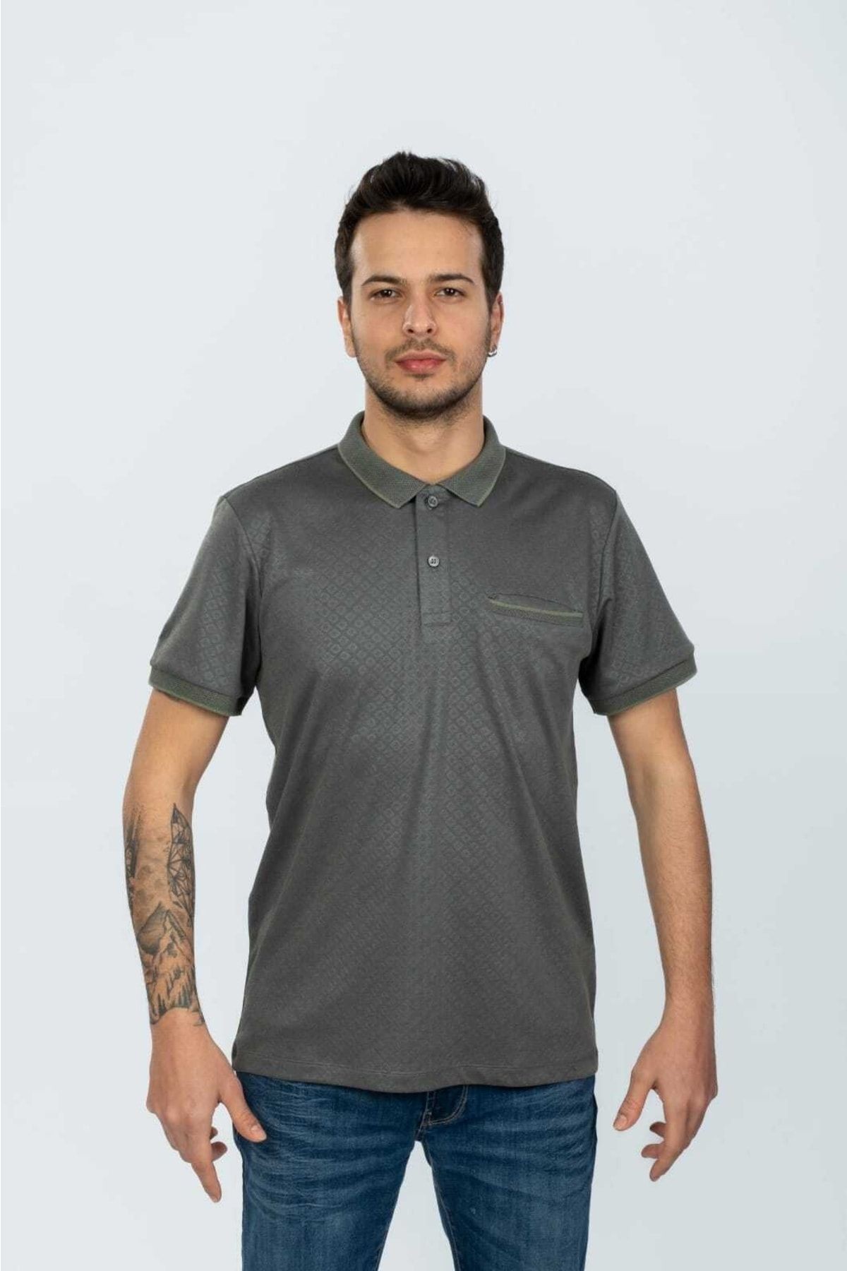 Haki Cepli Polo Yaka Desenli T-shirt