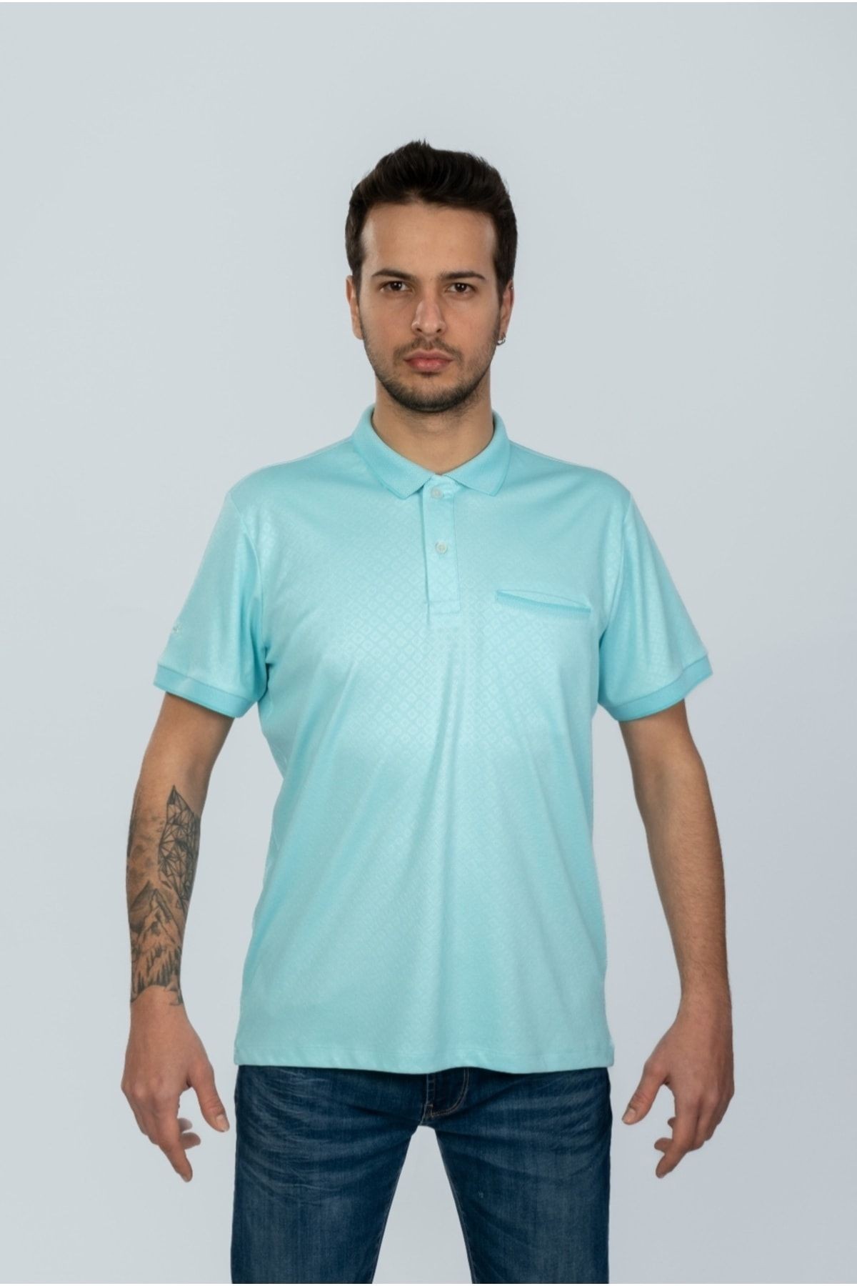 Mint Yeşil Cepli Polo Yaka Desenli T-shirt