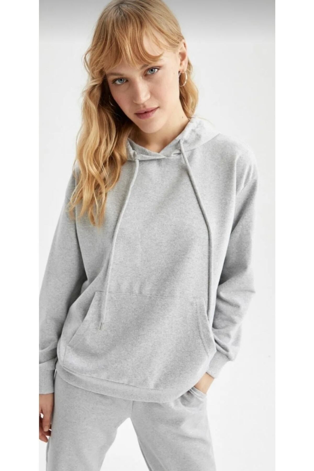 Sweatshirt Gri Unisex Kapşonlu Kanguru Cepli