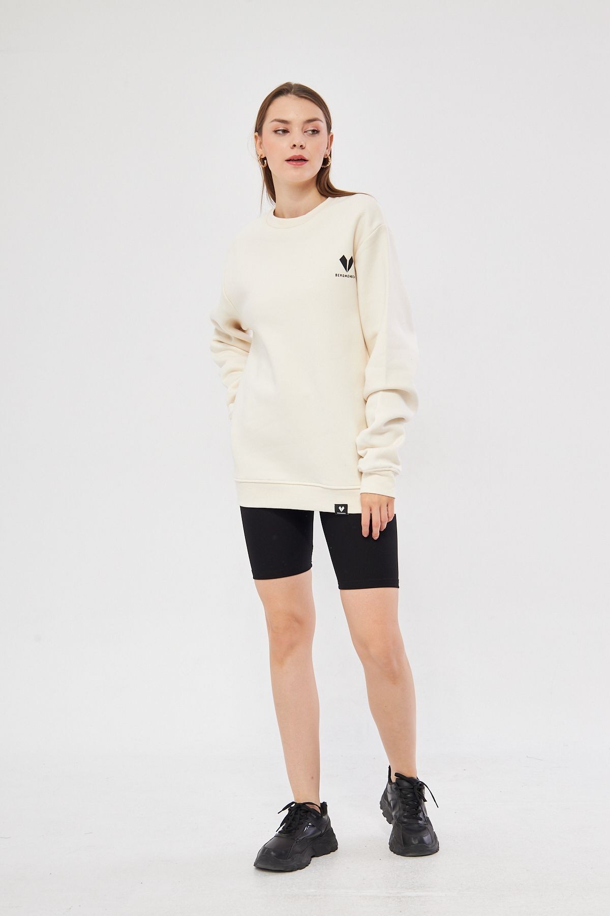 Unisex Krem Renk Basic Sweatshirt Bisiklet Yaka Hoodie Baskılı  %100 Pamuklu