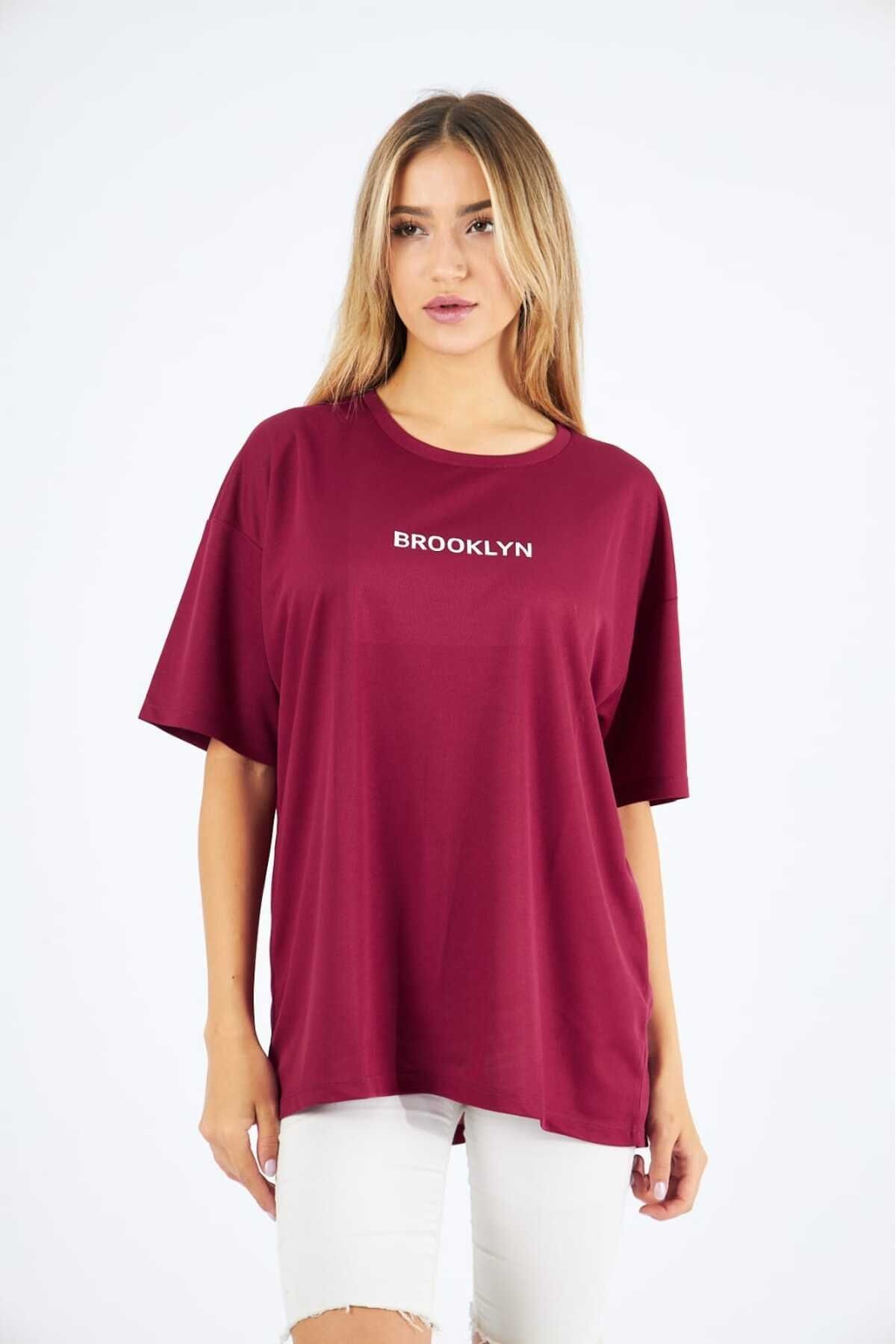 Spor T-shirt Yuvarlak Yaka Baskılı Bordo Renk