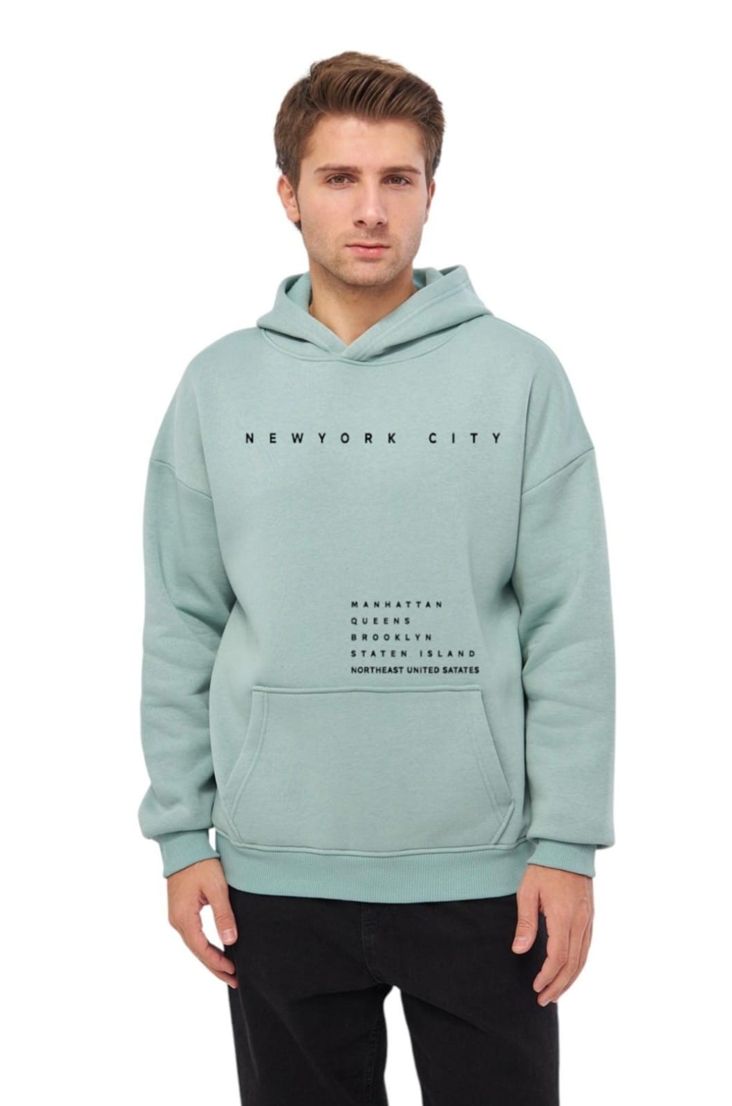 Unisex Basic Sweatshirt Kapşonlu Hoodie Newyork Cıty Baskılı  %100 Pamuklu - açik yeşi̇l