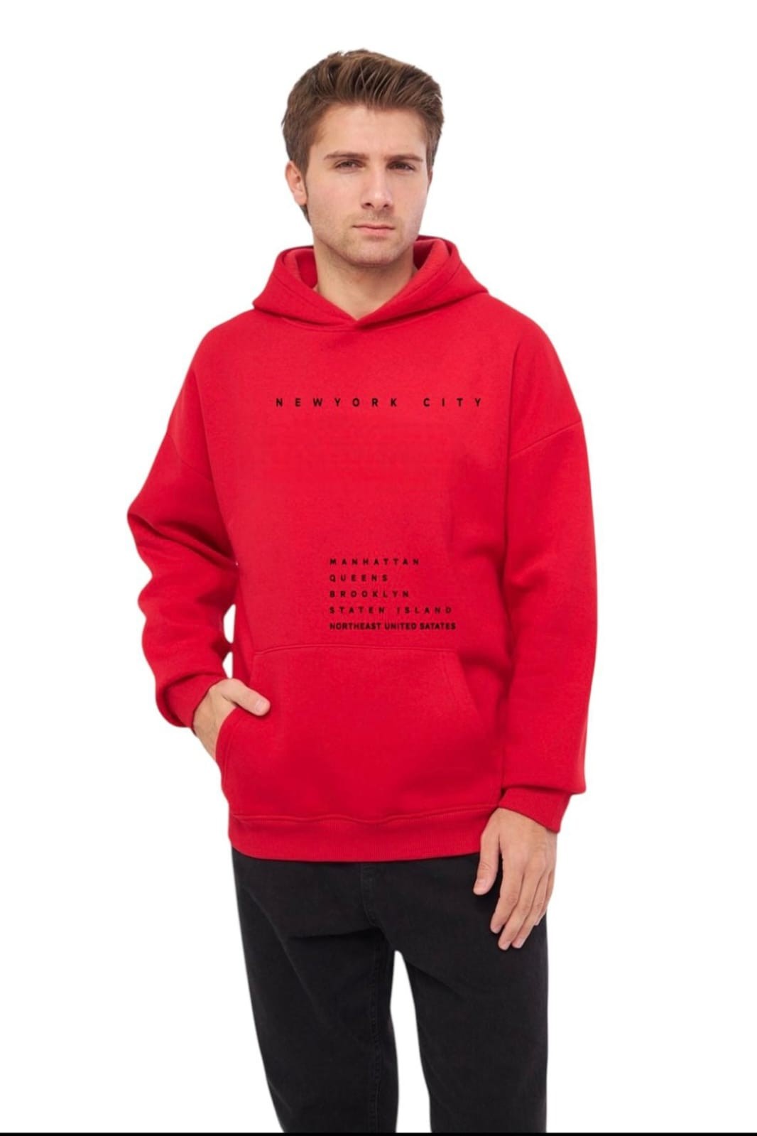 Unisex Basic Sweatshirt Kapşonlu Hoodie Newyork Cıty Baskılı  %100 Pamuklu - KIRMIZI