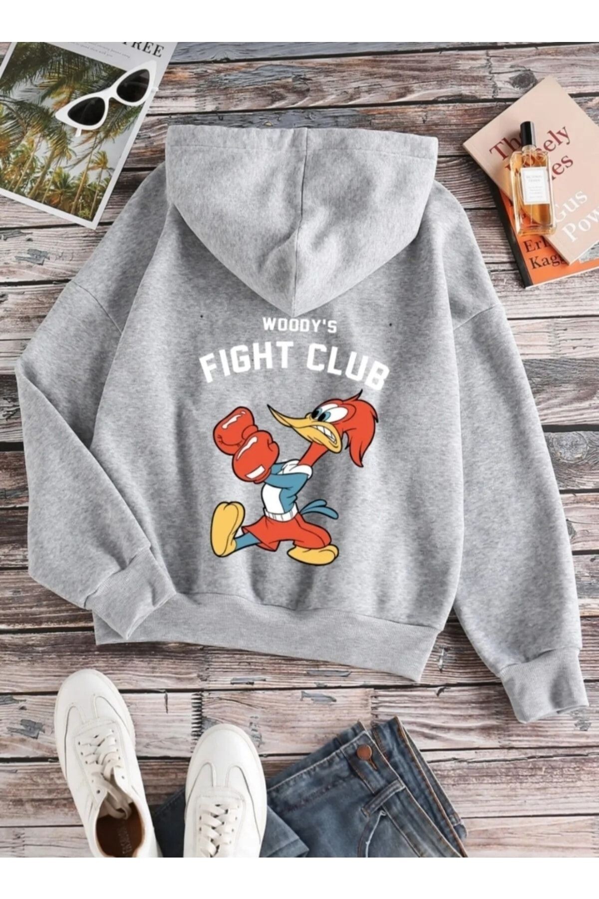 Sweatshirt Gri Looney Tunes Baskılı Kapşonlu Kanguru Cepli