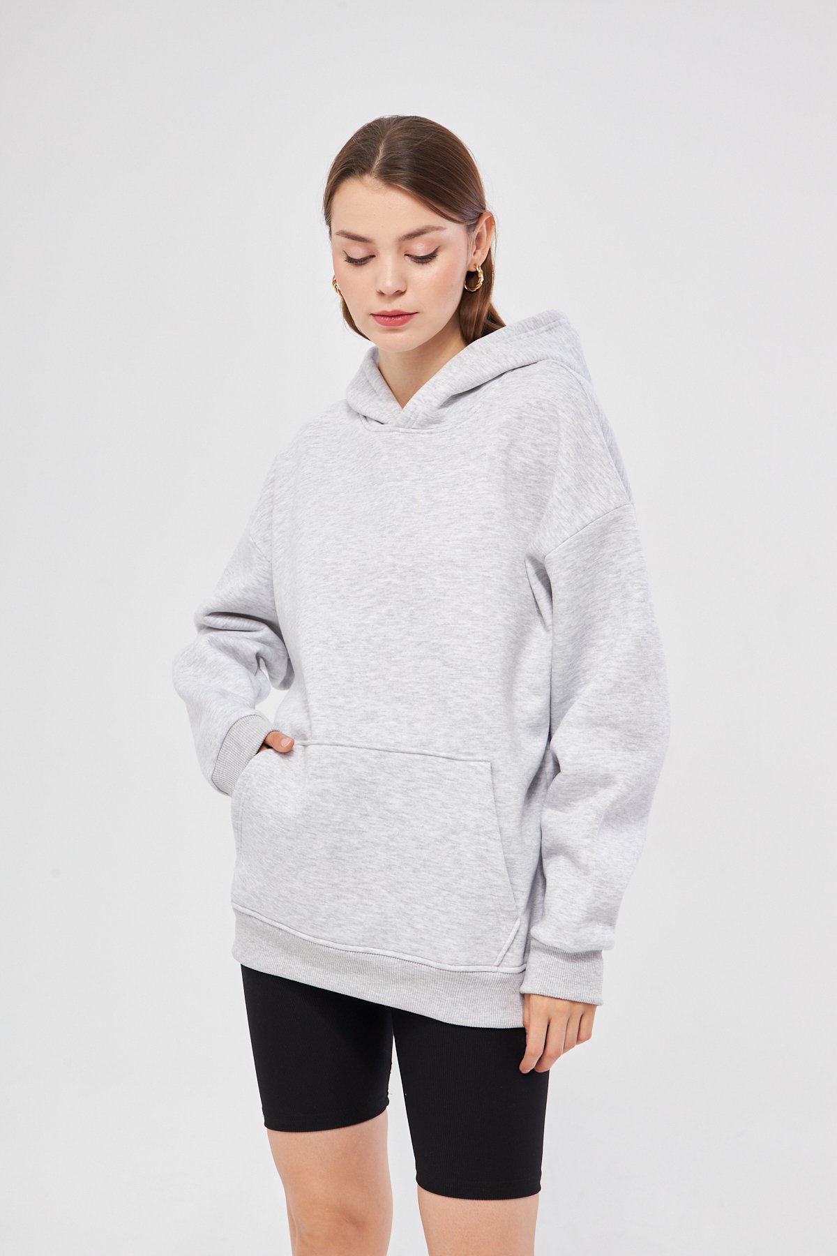 Unisex Gri Renk Oversize Sweatshirt Kapüşonlu Hoodie %100 Pamuklu - GRİ