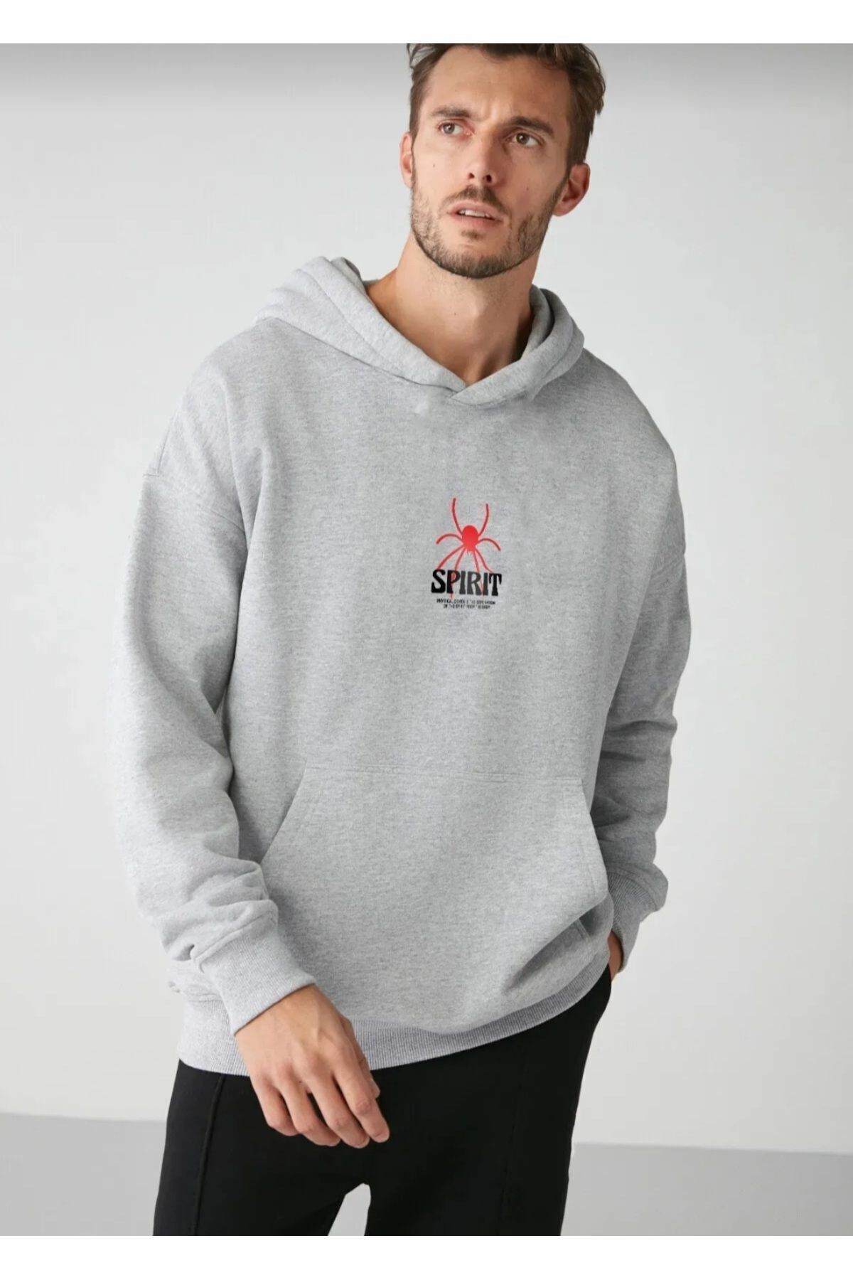 Sweatshirt 3iplik Şardonlu Kırmızı Örümcek Baskılı Gri Renk Kapüşonlu Kanguru Cepli Unısex