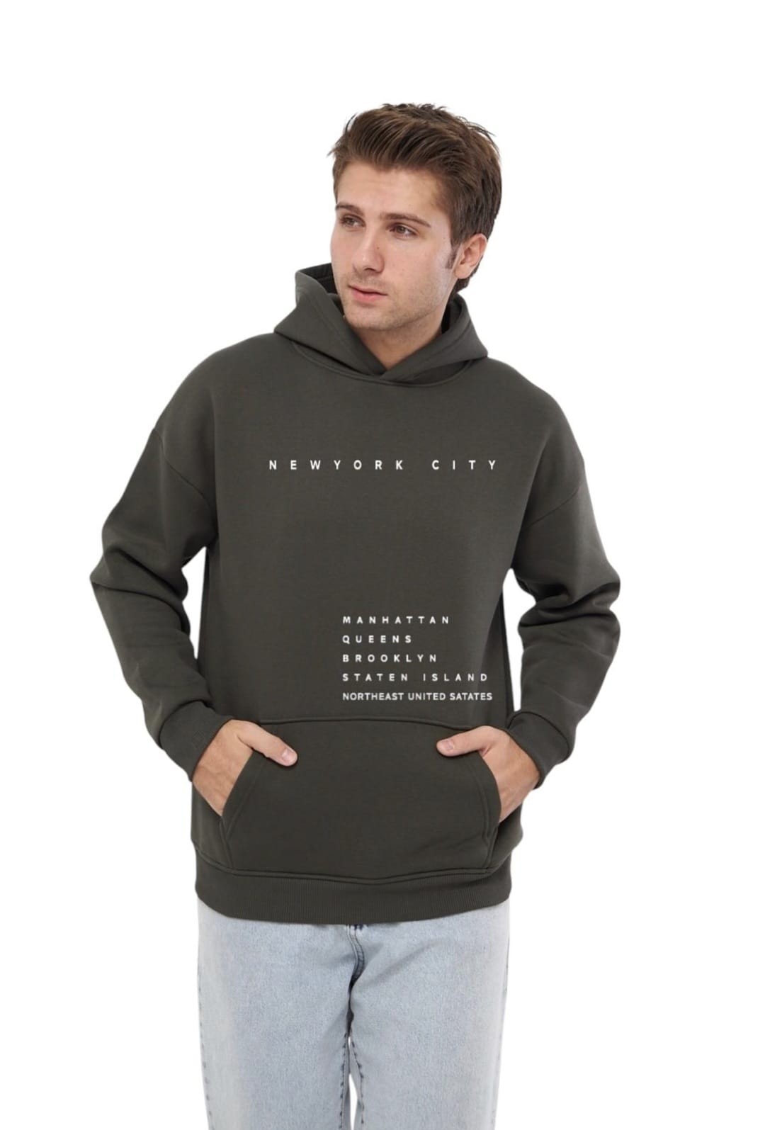 Unisex Basic Sweatshirt Kapşonlu Hoodie Newyork Cıty Baskılı  %100 Pamuklu - HAKİ