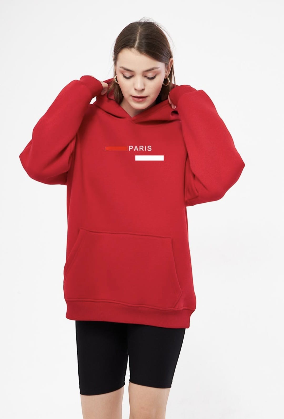 Unisex Basic Sweatshirt Kapşonlu Hoodie Paris Baskılı  %100 Pamuklu - KIRMIZI