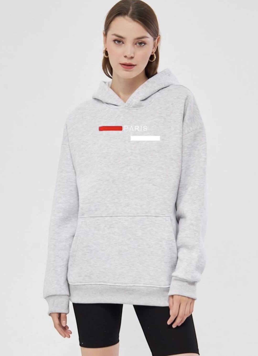 Unisex Basic Sweatshirt Kapşonlu Hoodie Paris Baskılı  %100 Pamuklu - GRİ