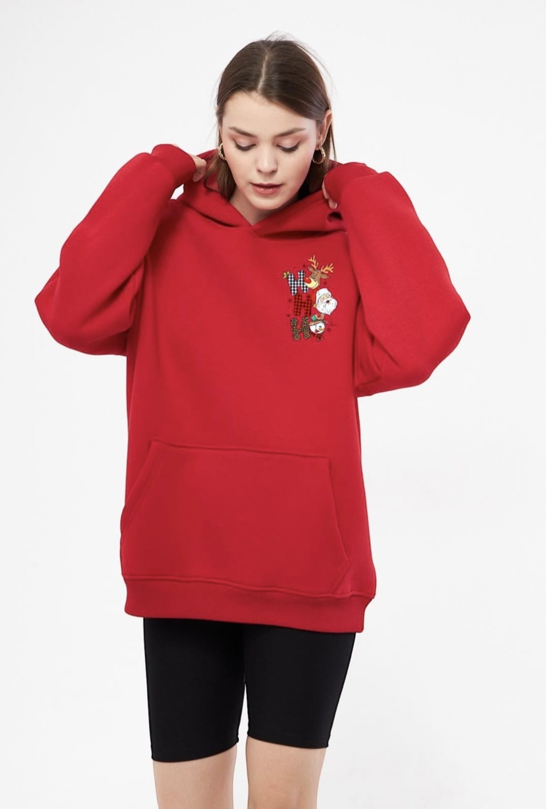 Unisex Basic Sweatshirt Kapşonlu Hoodie Yılbaşı Baskılı %100 Pamuklu