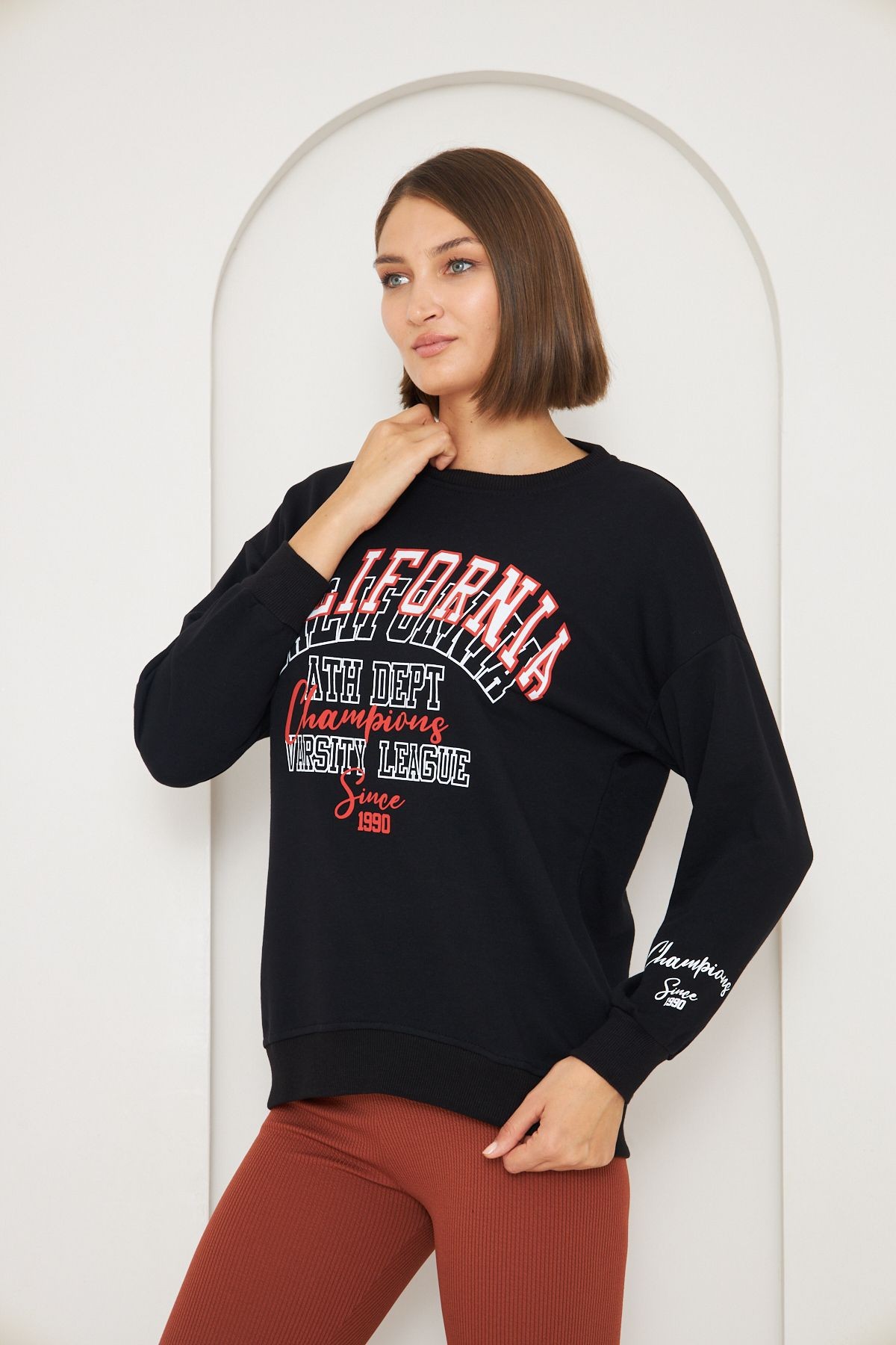 Sweatshirt Siyah Renk Calıfornıa Baskılı 3iplik Şardonsuz Bisiklet Yaka Oversize