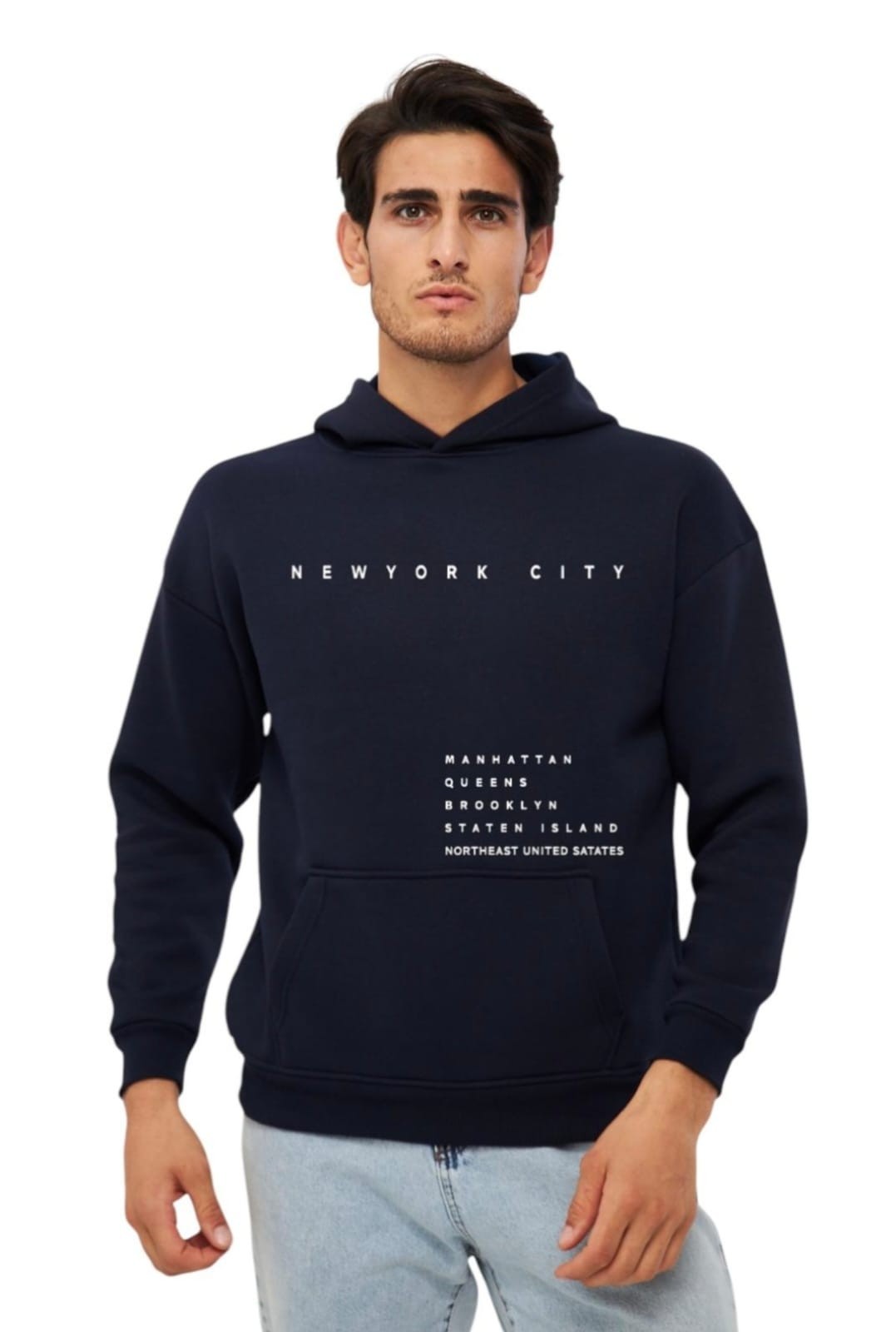 Unisex Basic Sweatshirt Kapşonlu Hoodie Newyork Cıty Baskılı  %100 Pamuklu - LACİVERT