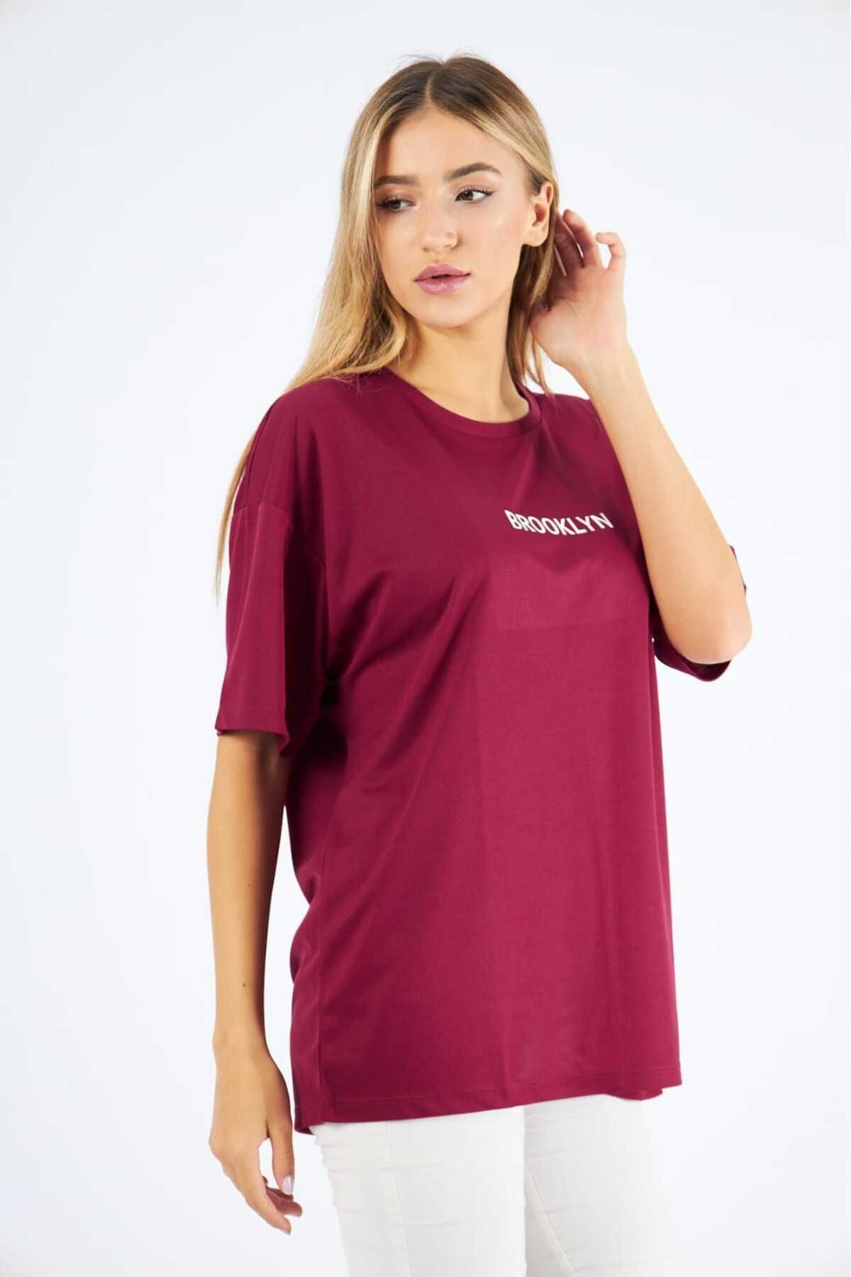 Spor T-shirt Yuvarlak Yaka Baskılı Bordo Renk