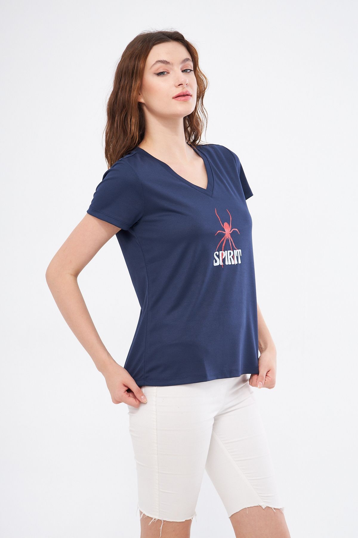 Spor T-shirt  Lacivert  Renk V Yaka Spırıt Baskılı