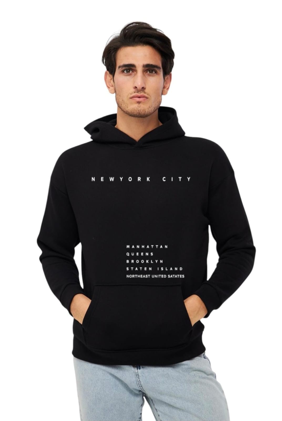 Unisex Basic Sweatshirt Kapşonlu Hoodie Newyork Cıty Baskılı  %100 Pamuklu - SİYAH