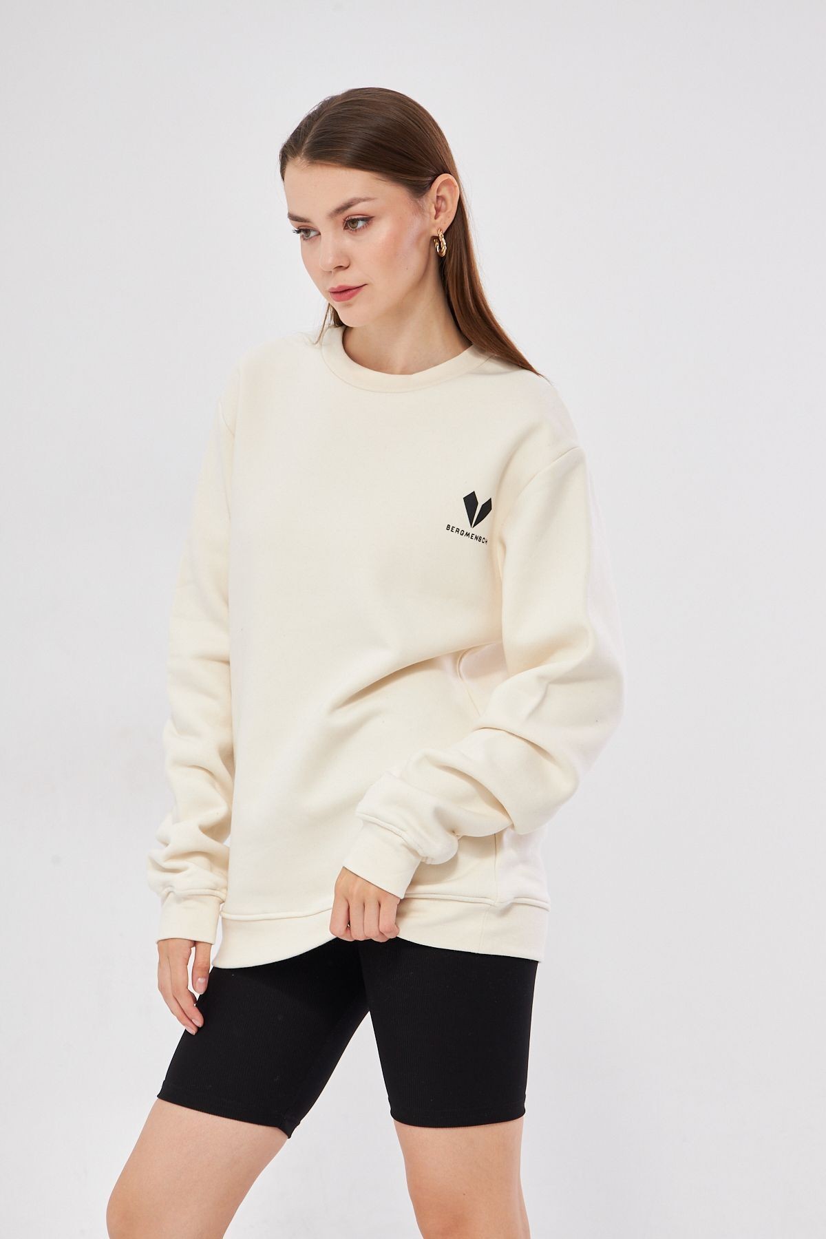 Unisex Krem Renk Basic Sweatshirt Bisiklet Yaka Hoodie Baskılı  %100 Pamuklu