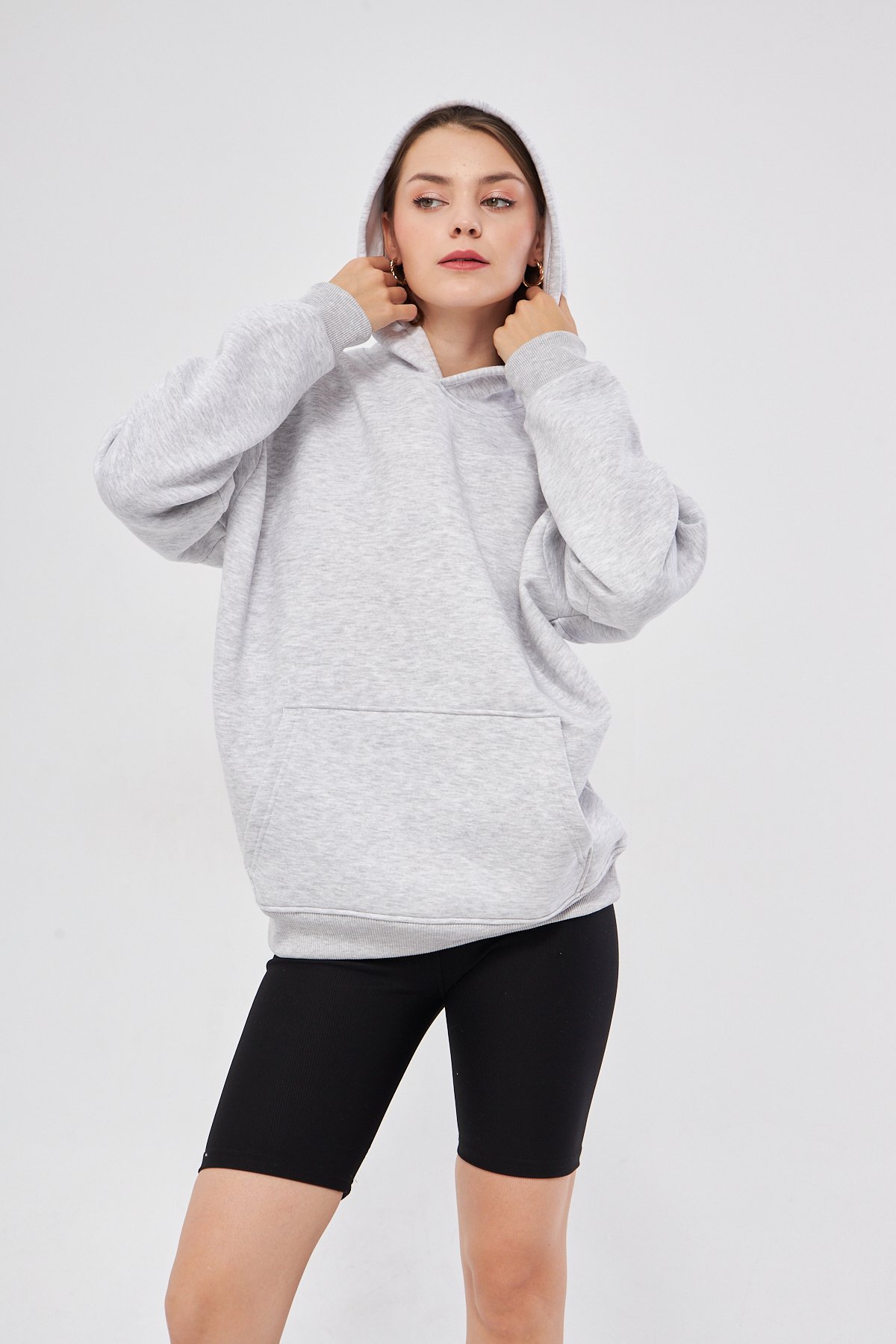 Unisex Gri Renk Oversize Sweatshirt Kapüşonlu Hoodie %100 Pamuklu