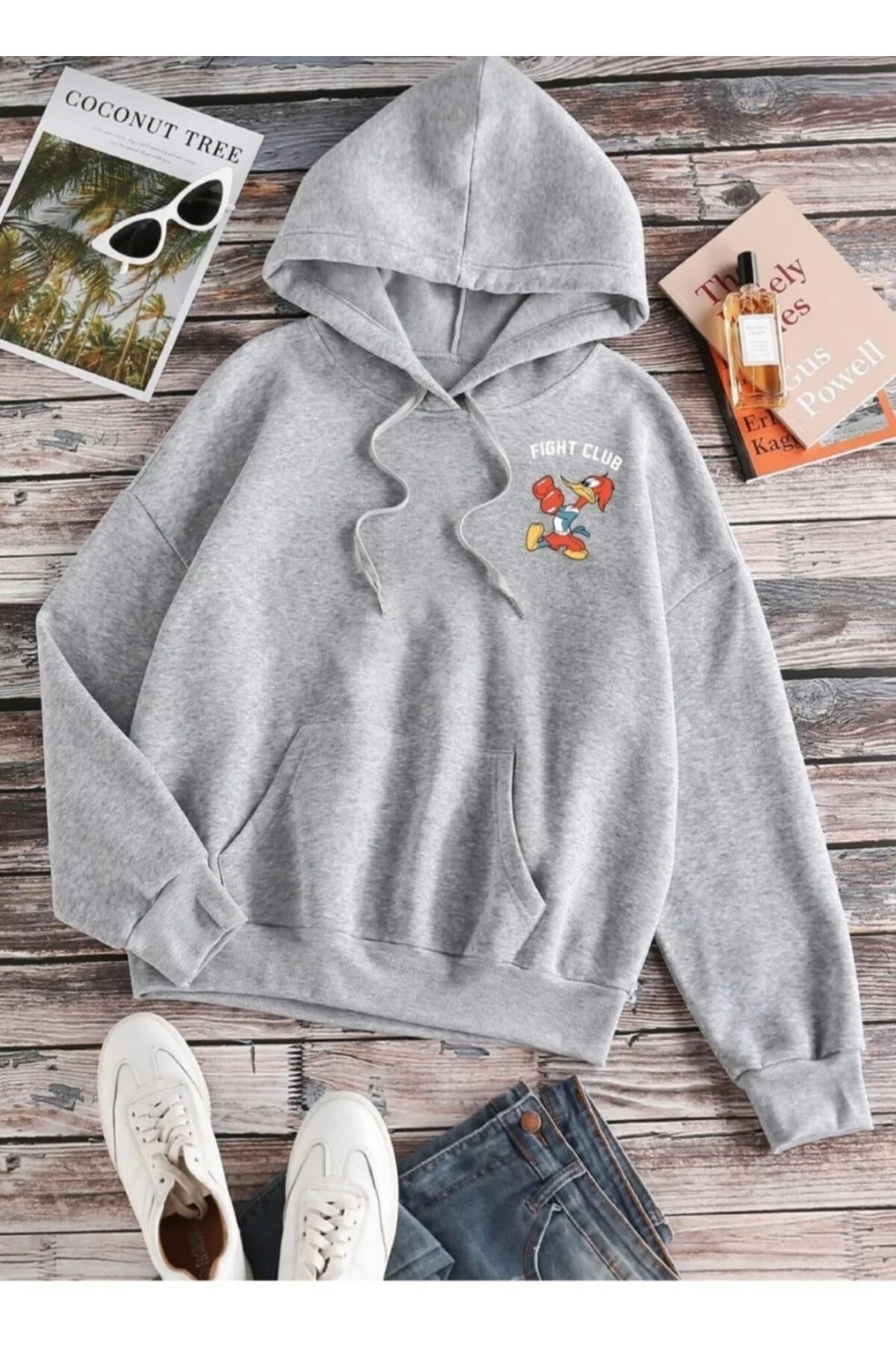 Sweatshirt Gri Looney Tunes Baskılı Kapşonlu Kanguru Cepli