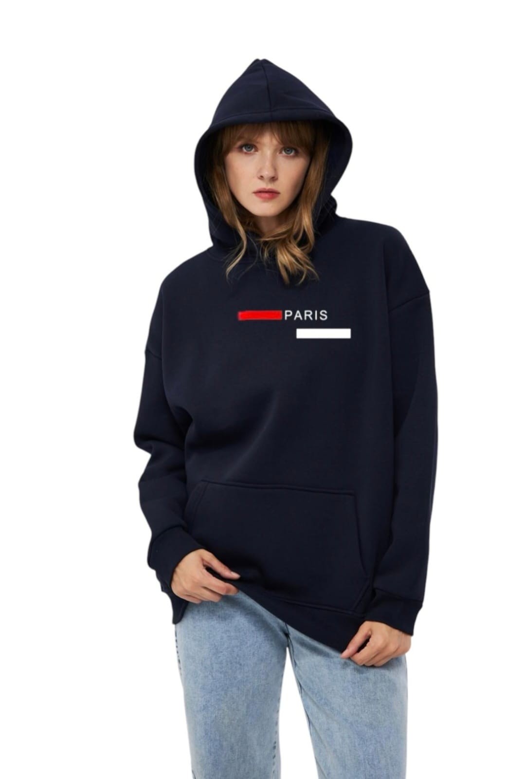 Unisex Basic Sweatshirt Kapşonlu Hoodie Paris Baskılı  %100 Pamuklu - LACİVERT