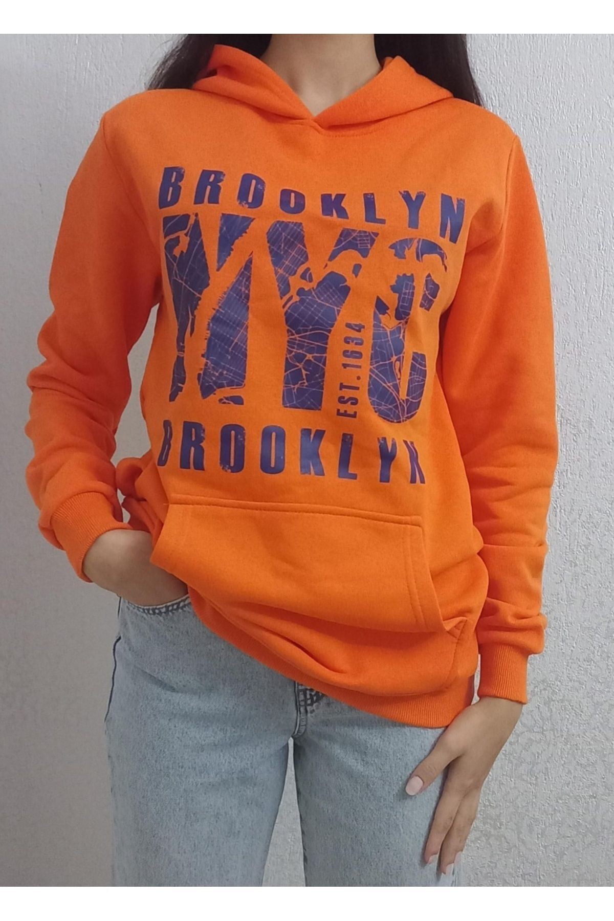 Sweatshirt 3iplik Şardonlu Brooklyn Ncy Baskılı Turuncu Renk Kapüşonlu Kanguru Cepli Unısex