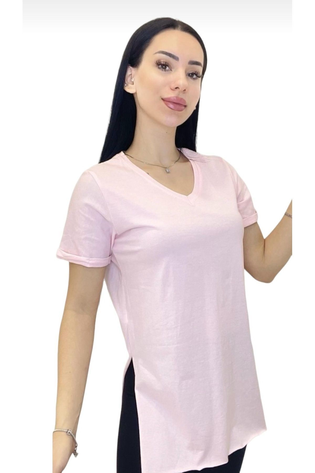 T-shirt Duble Kol Etek Yırtmaçlı V Yaka Açık Pembe Renk