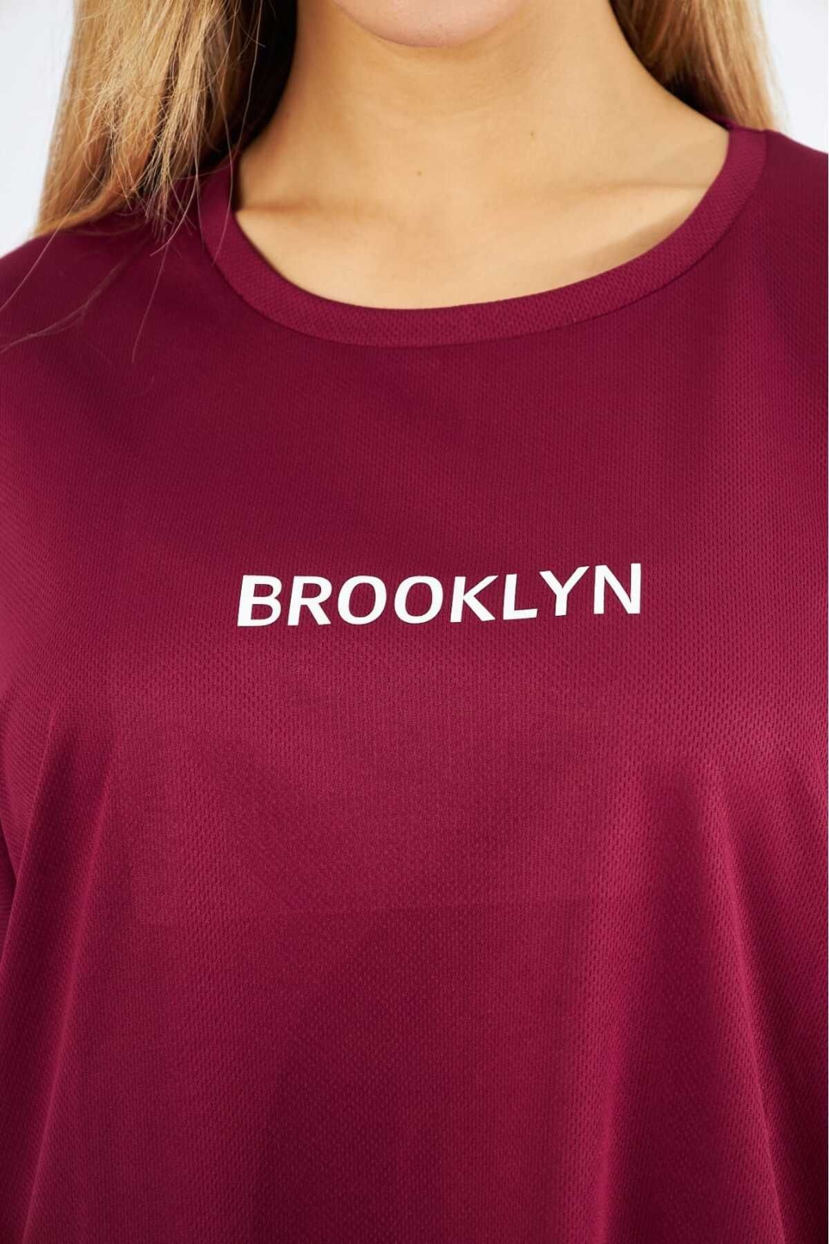 Spor T-shirt Yuvarlak Yaka Baskılı Bordo Renk