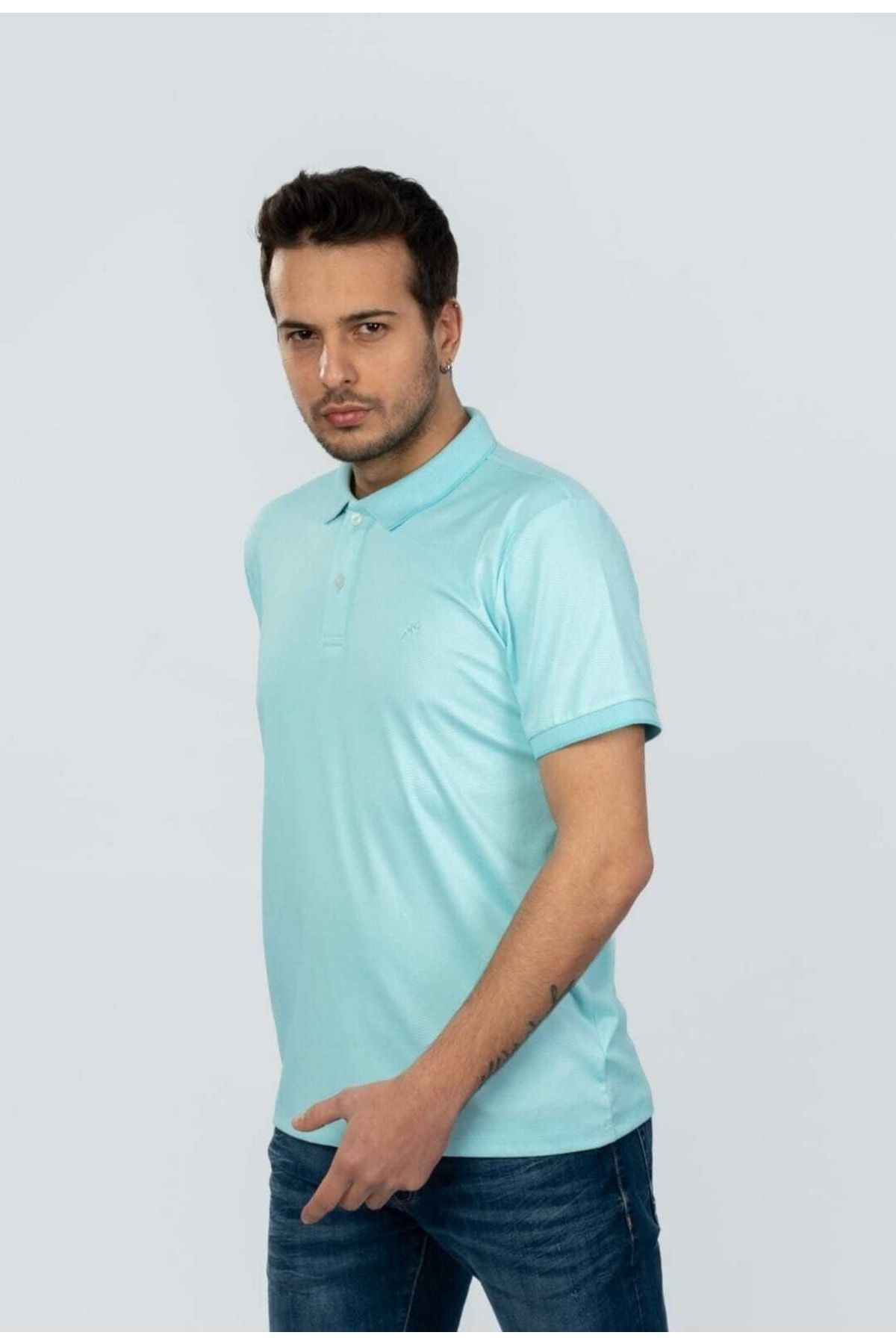 Polo Yaka Mint Yeşil Renk Desenli T-shirt