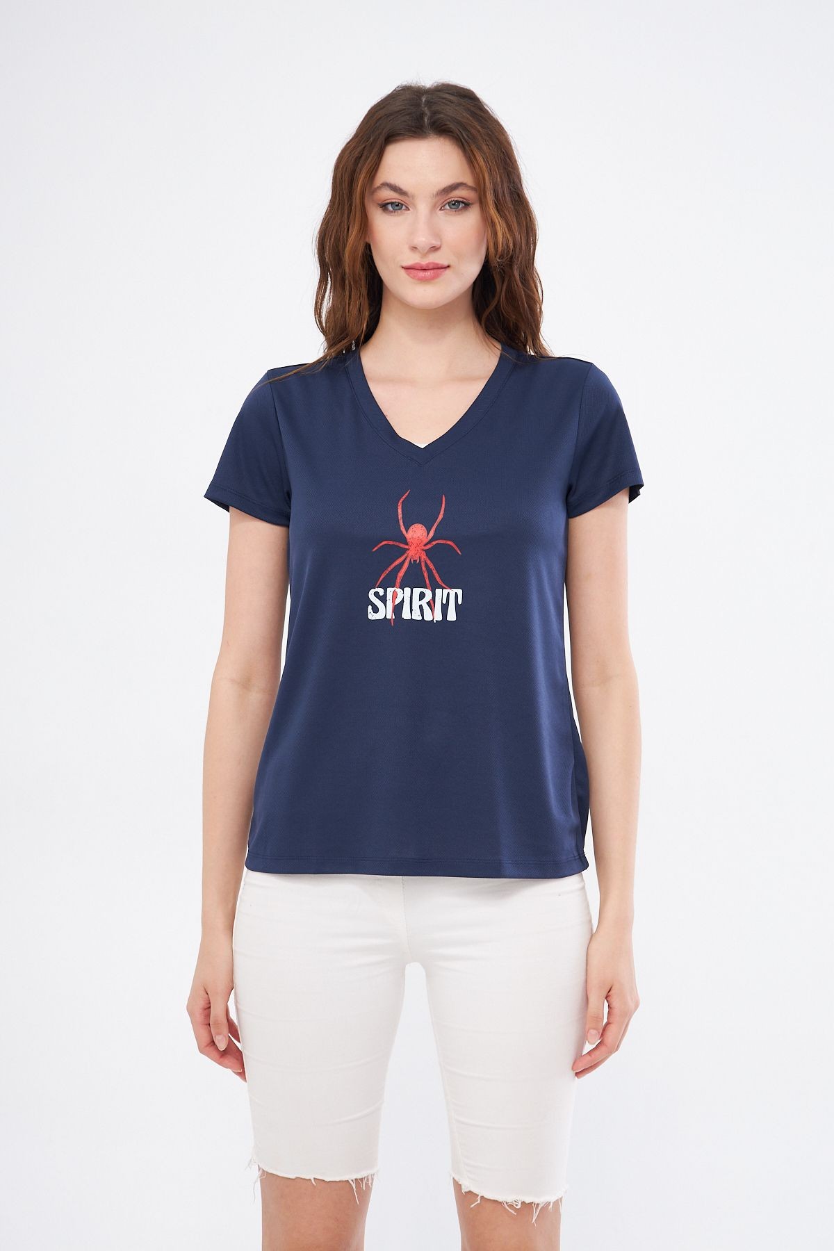 Spor T-shirt  Lacivert  Renk V Yaka Spırıt Baskılı