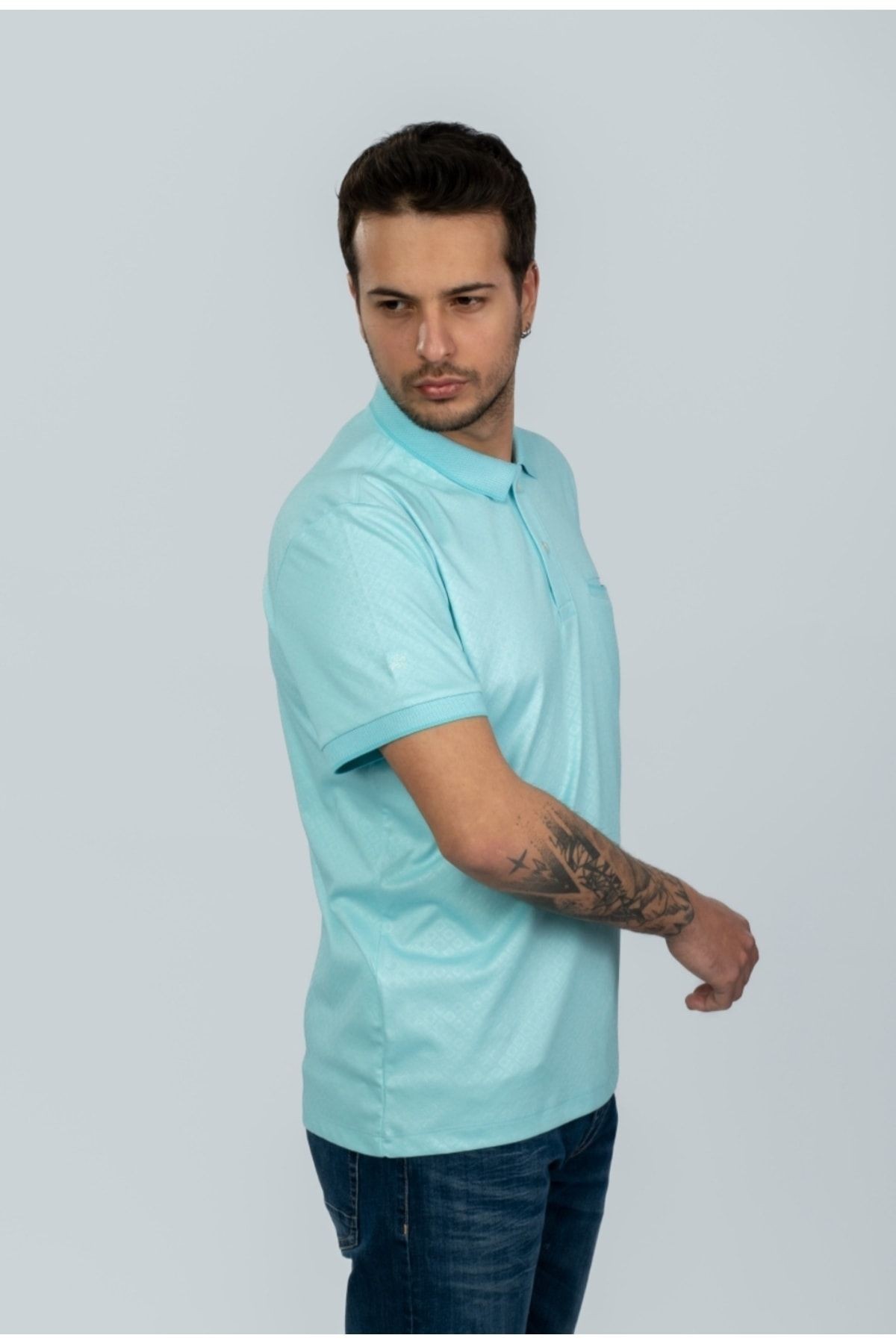 Mint Yeşil Cepli Polo Yaka Desenli T-shirt