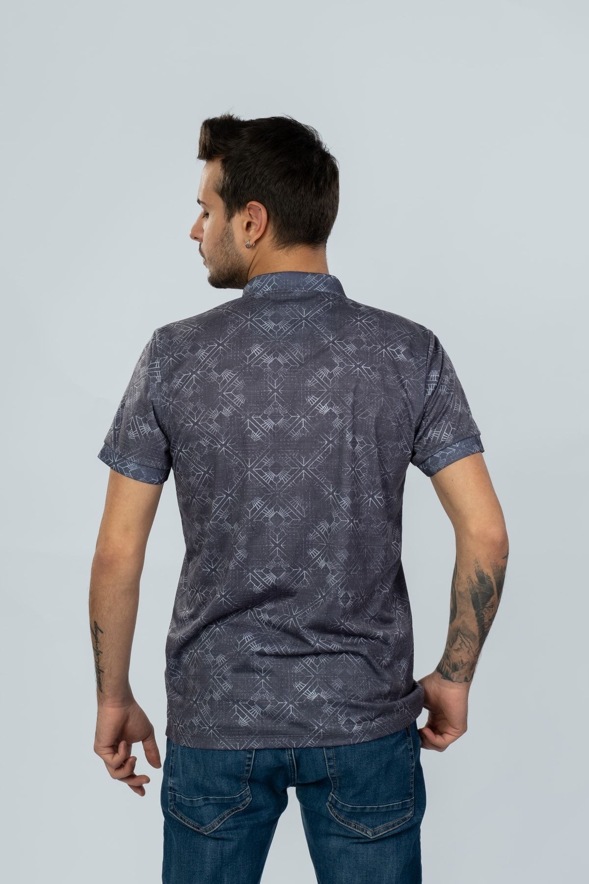 Indigo Renk Polo Yaka Dijital Baskılı T-shirt