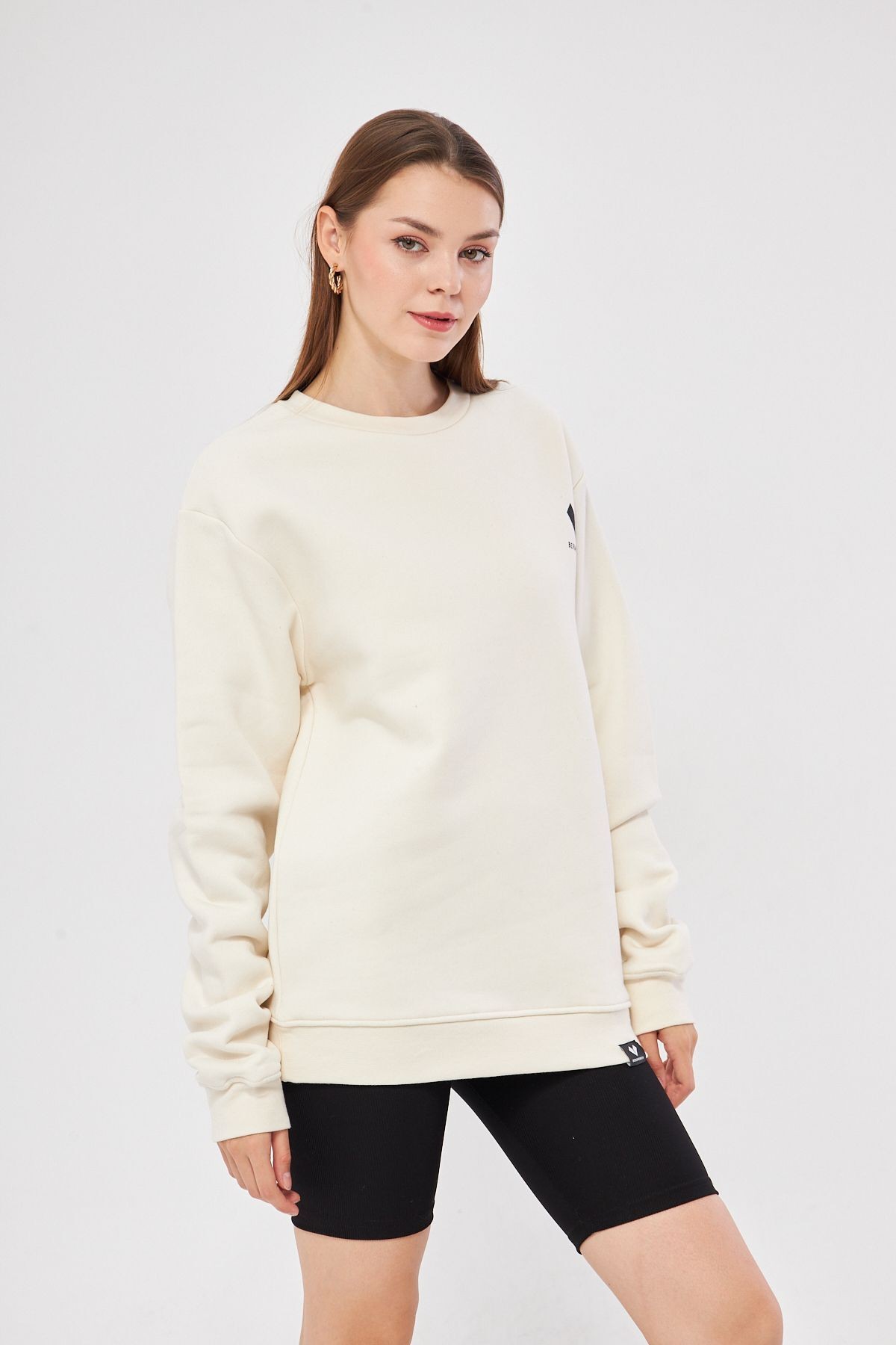 Unisex Krem Renk Basic Sweatshirt Bisiklet Yaka Hoodie Baskılı  %100 Pamuklu