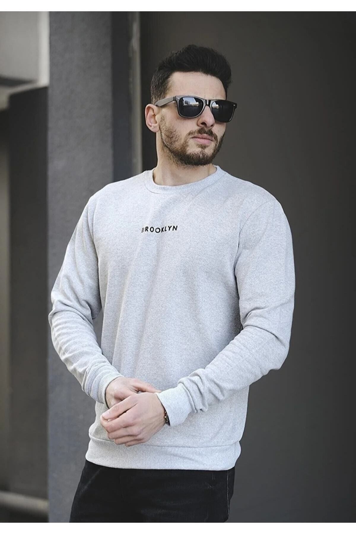 Sweatshirt Gri Brooklyn Baskılı Bisiklet Yaka