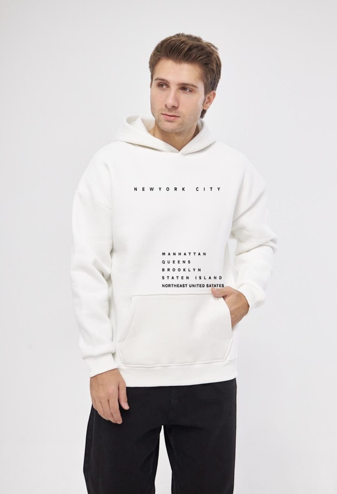 Unisex Basic Sweatshirt Kapşonlu Hoodie Newyork Cıty Baskılı  %100 Pamuklu - EKRU