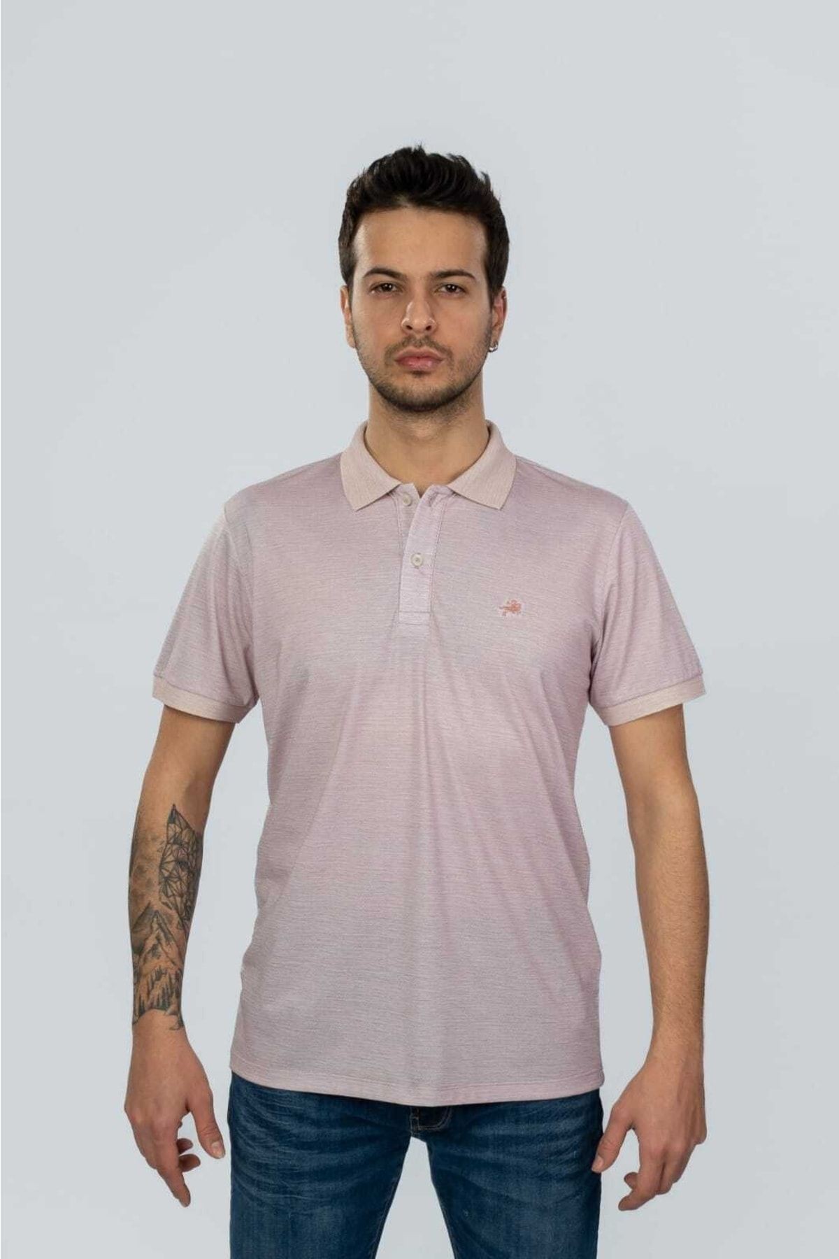 Açık Pembe Renk Polo Yaka Dijital Baskılı T-shirt