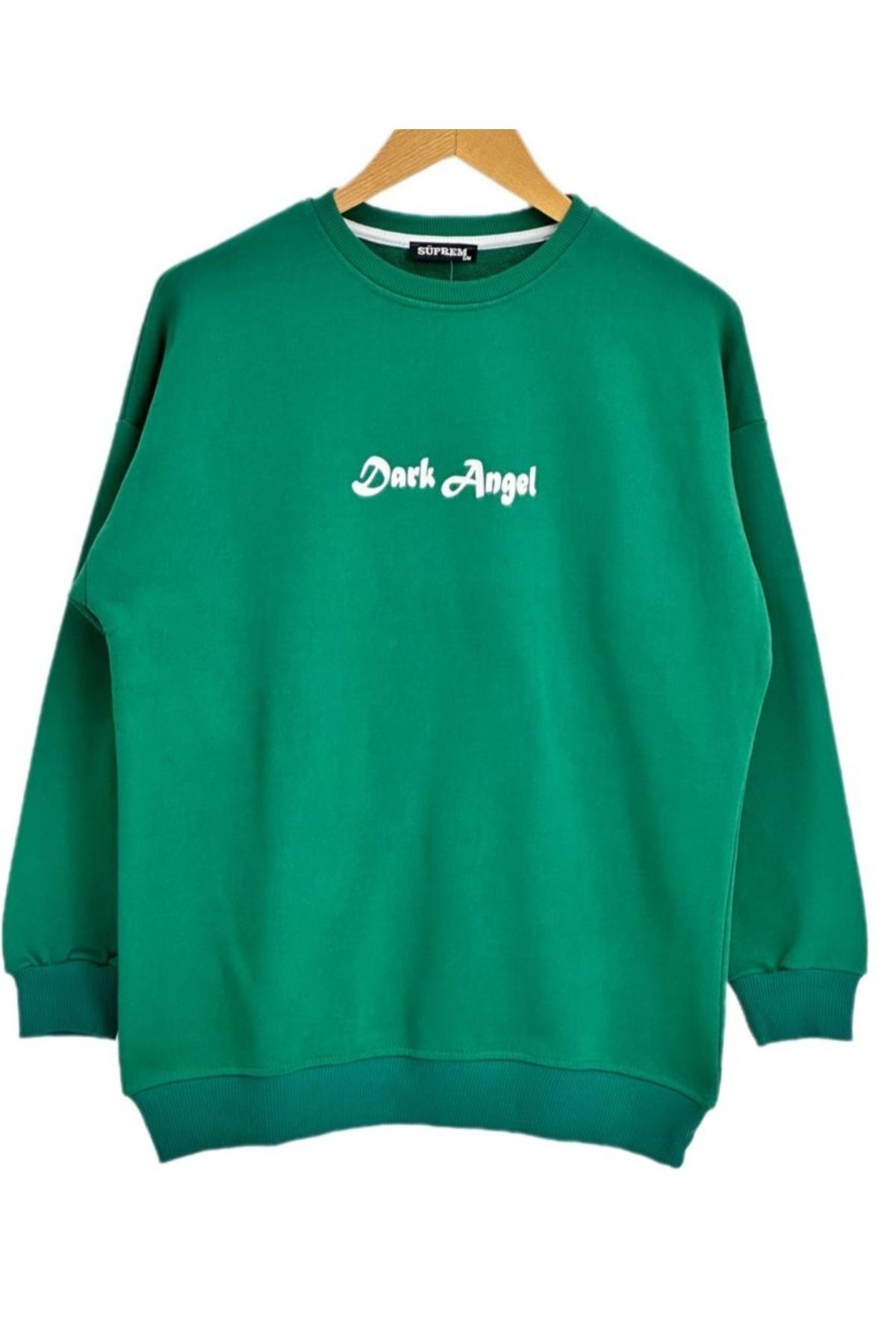 Sweatshirt Yeşil Renk Yaprak Baskılı 3iplik Şardonsuz Bisiklet Yaka Oversize