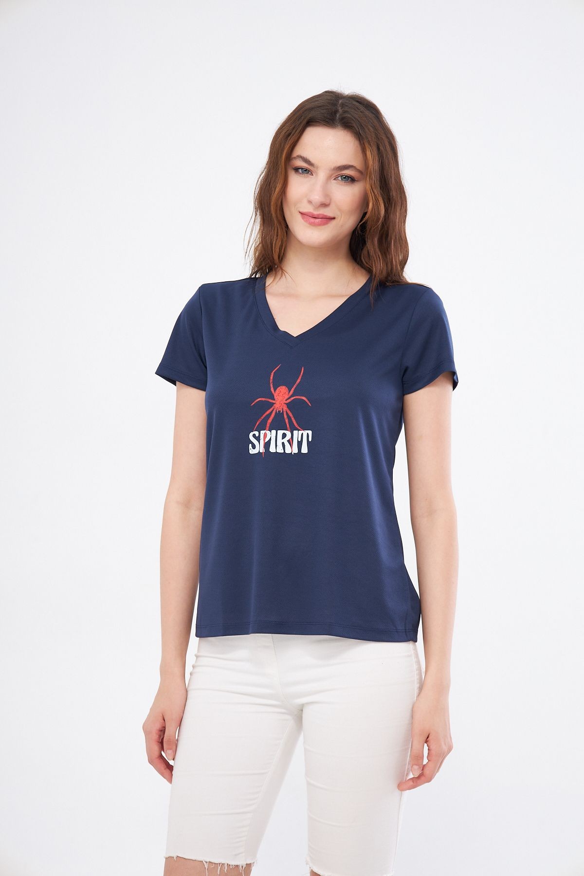 Spor T-shirt  Lacivert  Renk V Yaka Spırıt Baskılı